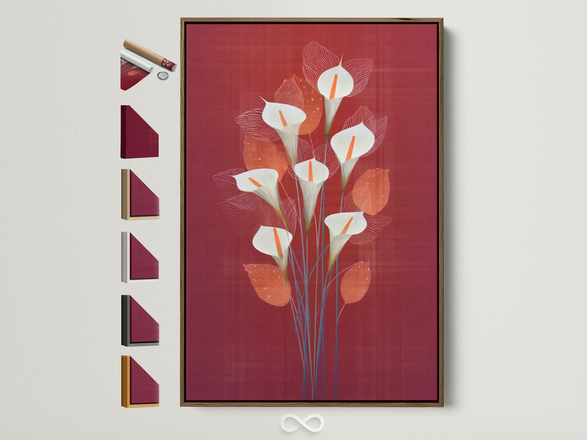 Explore frame options for your calla lily artwork. This brown frame is displayed alongside other frame choices. Find the perfect frame to complement your burgundy red floral poster. Enhance your bedroom wall decor with custom framing.