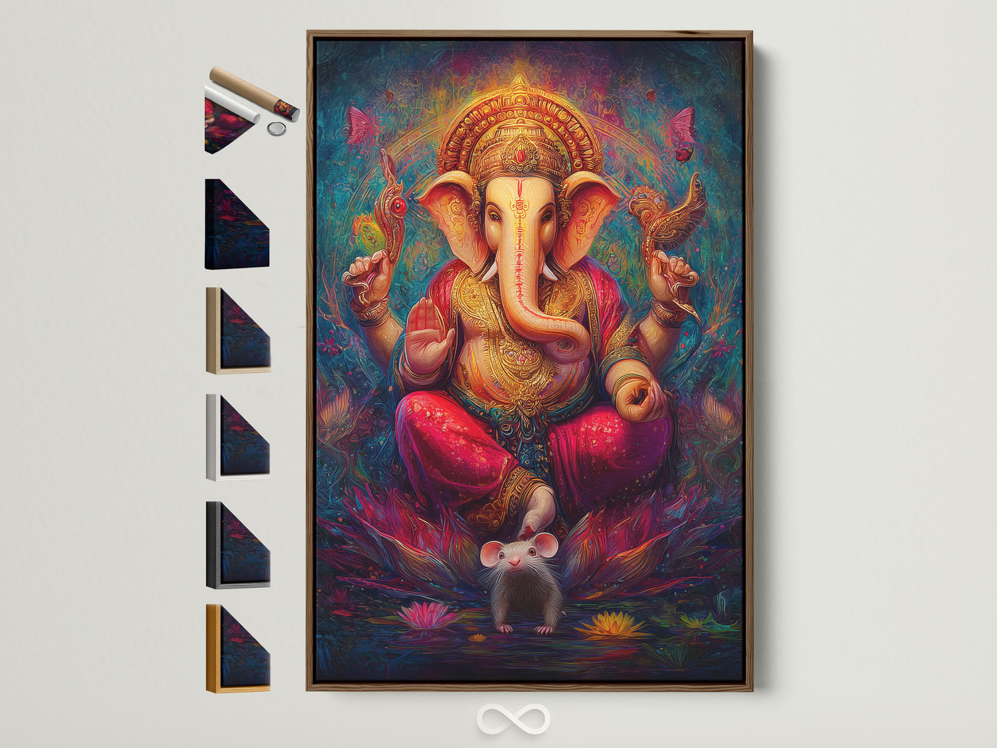 Ganesha Canvas Print in a brown frame is displayed with frame options. This Hindu God wall art adds spiritual bohemian decor to any meditation room. The colorful sacred artwork features an elephant god. It enhances Hindu home decor or a yoga studio with its religious canvas and boho style.