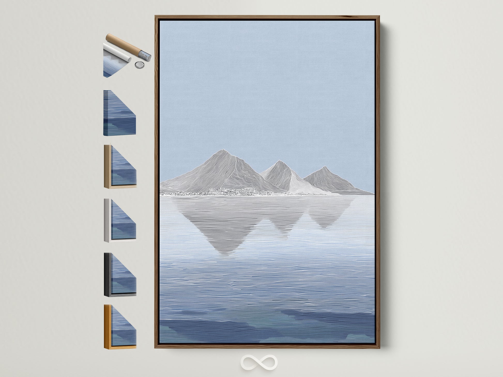 Explore framed art options. See our brown frame with various frame styles displayed. Find the perfect frame to complement your artwork. Discover our range of framing solutions today. We have frame options on the side. Elevate your space with our stylish frames.