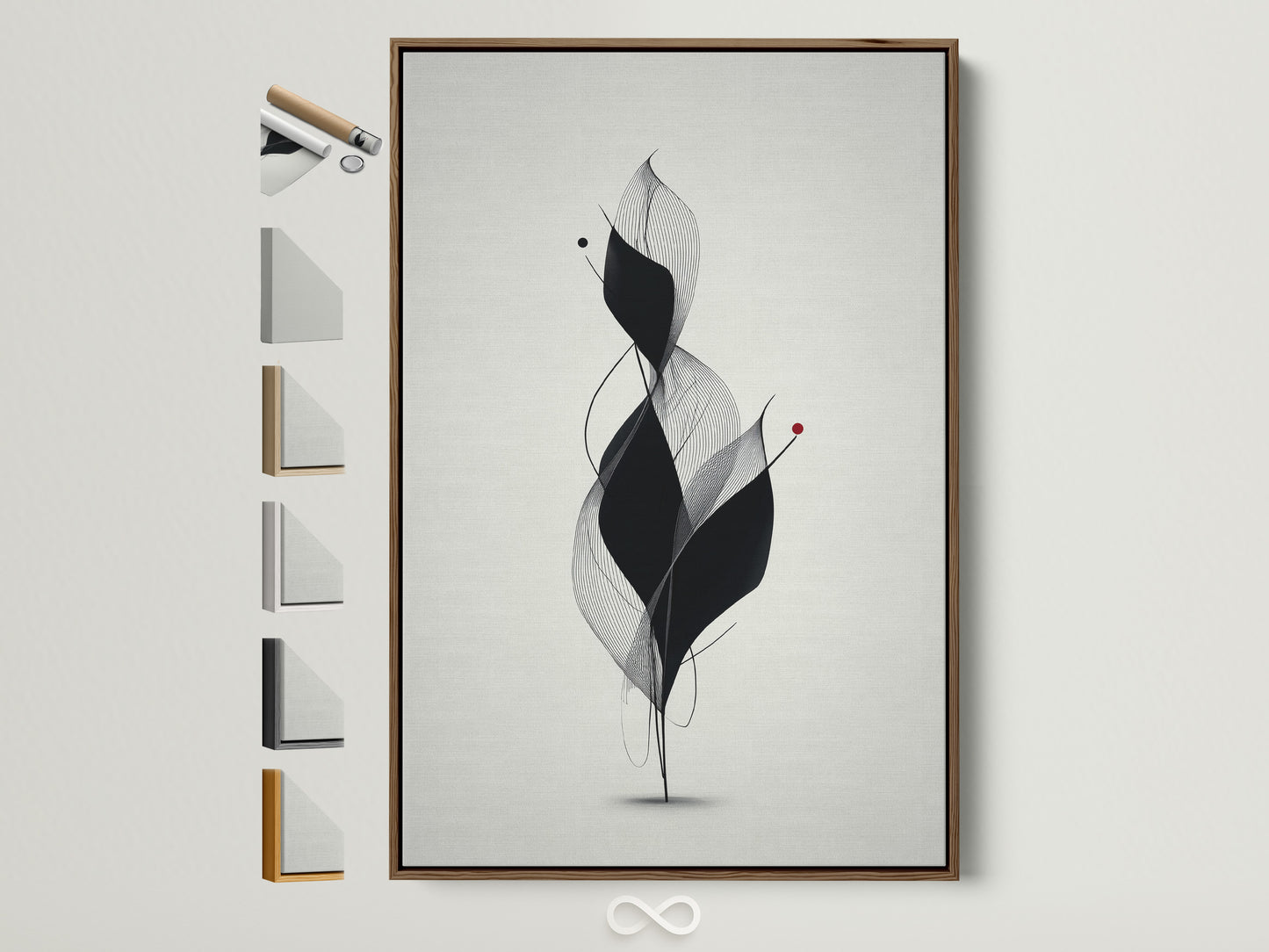 Artwork with a brown frame is displayed showcasing all available frame options. Find the perfect frame to complement your art. A range of frame styles is available. Decorate your space with framed art prints.