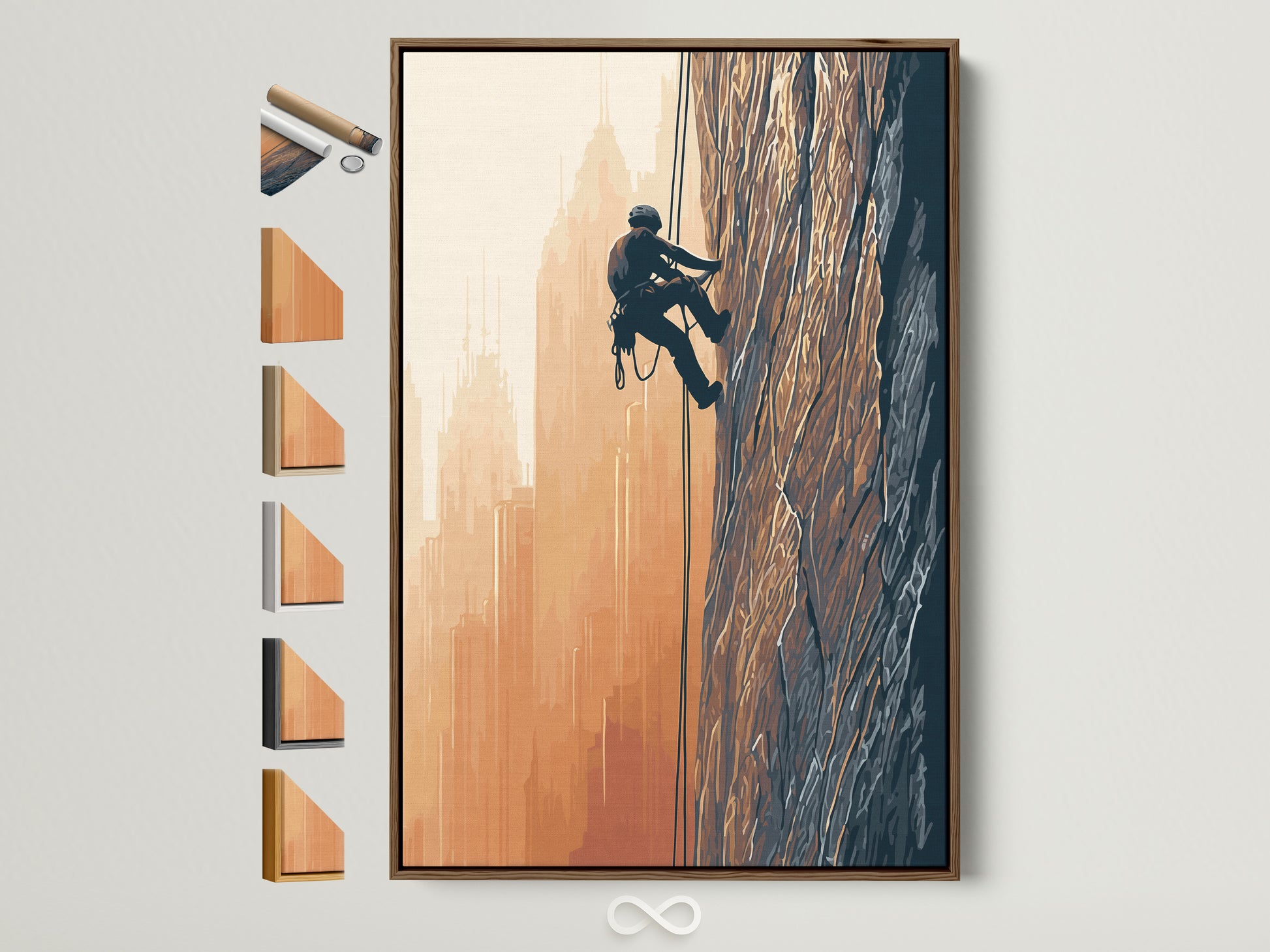 Rock climbing artwork in a brown frame. This adventure wall art features an urban mountainscape. The artwork is displayed with other frame options. Perfect office decor for adventure seekers.