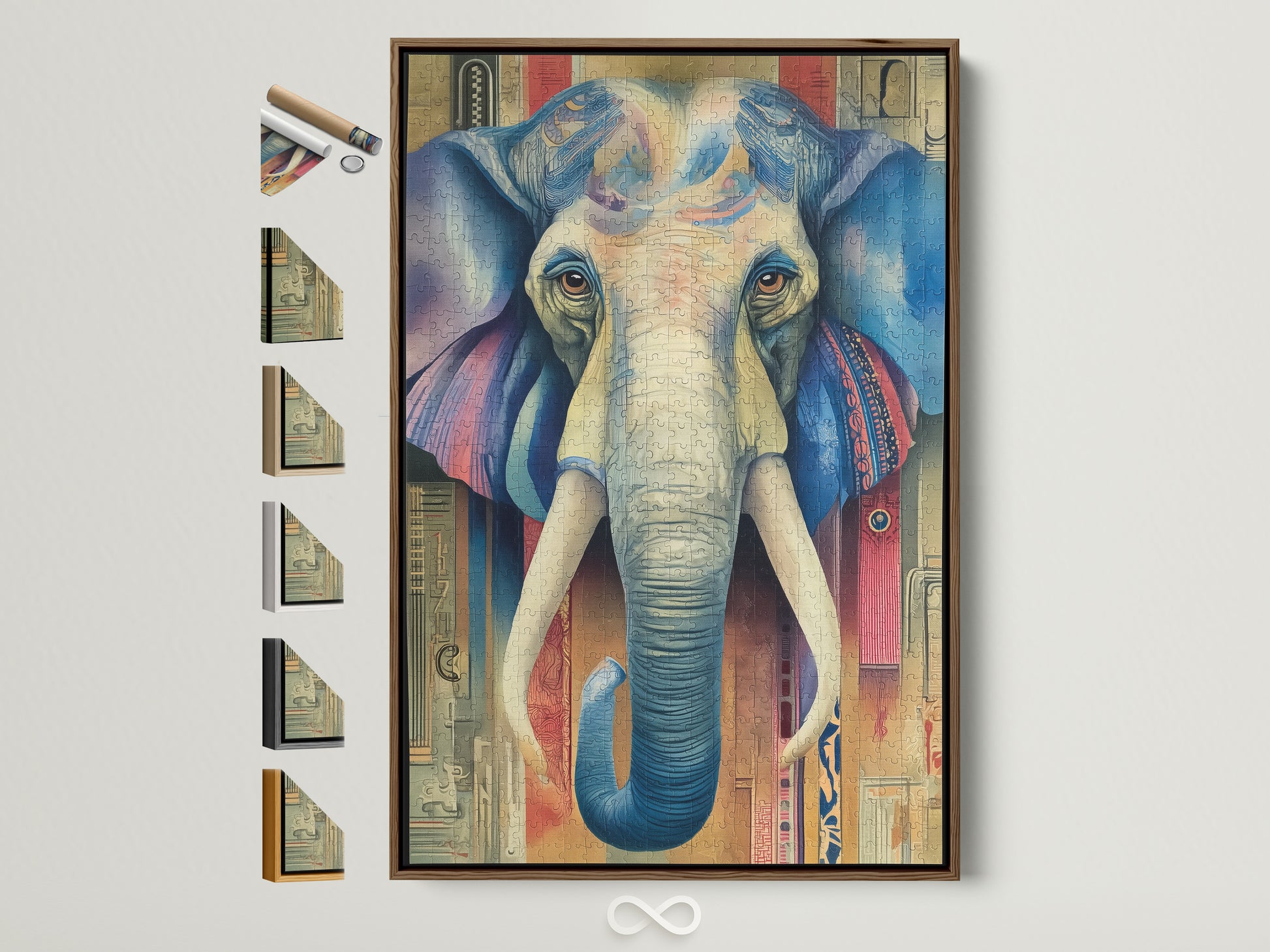 A captivating elephant artwork is framed in a natural brown wood. This vintage bohemian piece adds a global touch to any room. See frame options available here. Perfect for eclectic wall decor. The colorful animal print brings life to your boho home decor. Its intricate details and vibrant colors make it a unique statement piece.
