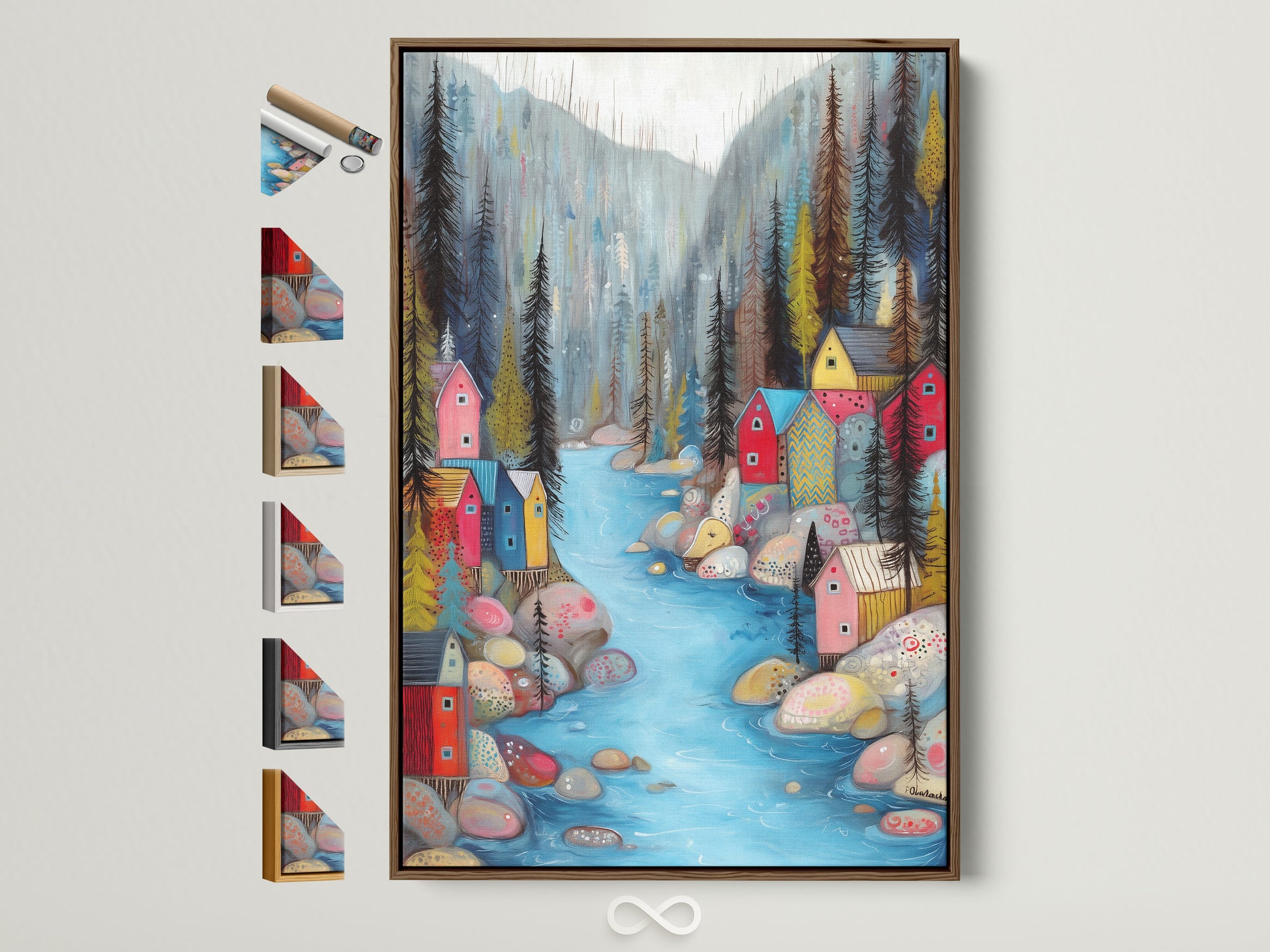 Village River artwork in a brown frame. The artwork features a vibrant forest scene with a blue river. Colorful houses line the riverbank. A whimsical and charming piece for any room. All frame options are displayed on the side. Find the perfect frame to complement your artwork.