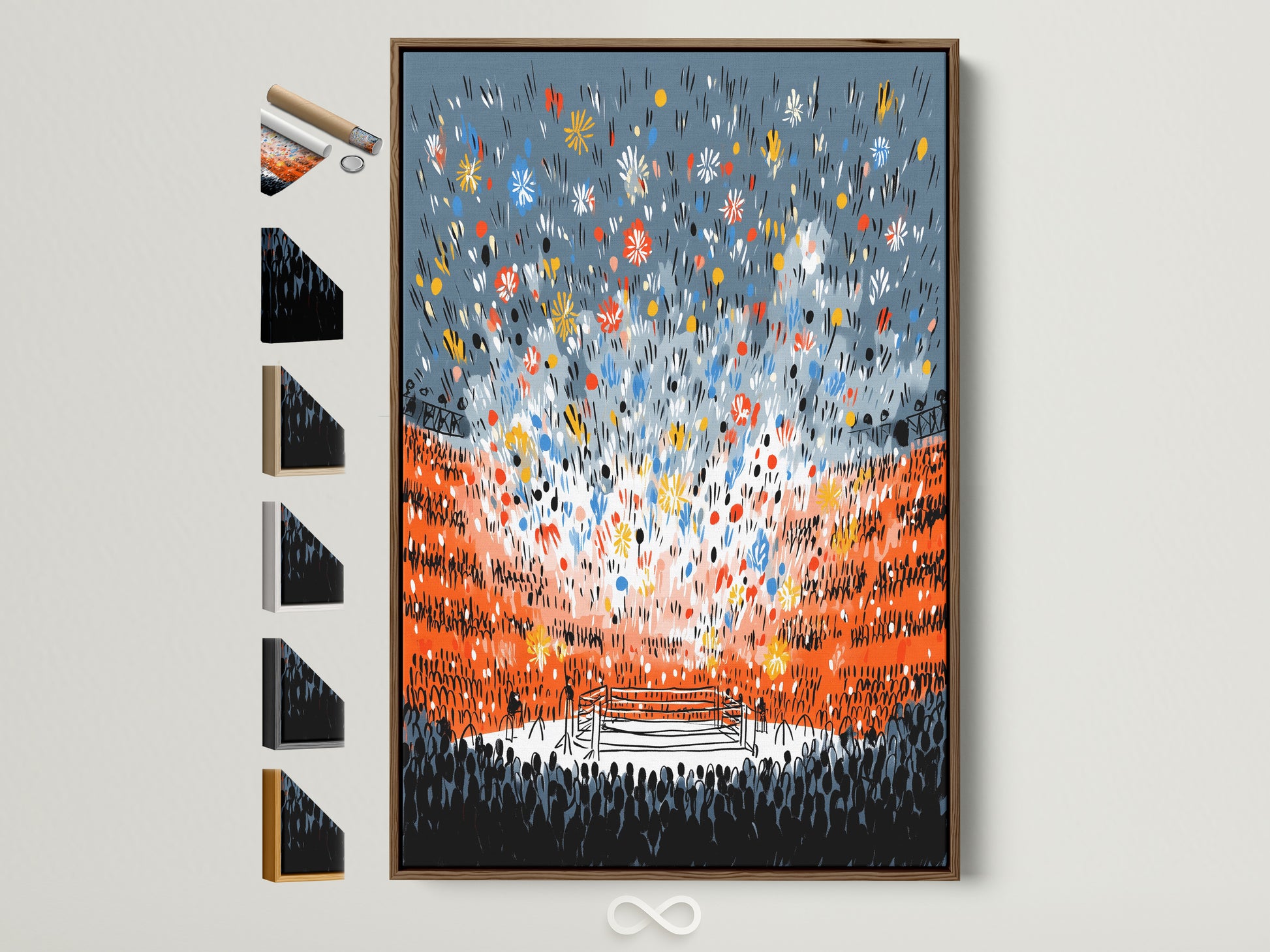 Framed boxing canvas artwork with multiple frame options displayed. Brown frame showcases the vivid colors of the fight night scene. See available frame styles for your sports art.  Perfect for a man cave or sports bar adding an elevated modern style.