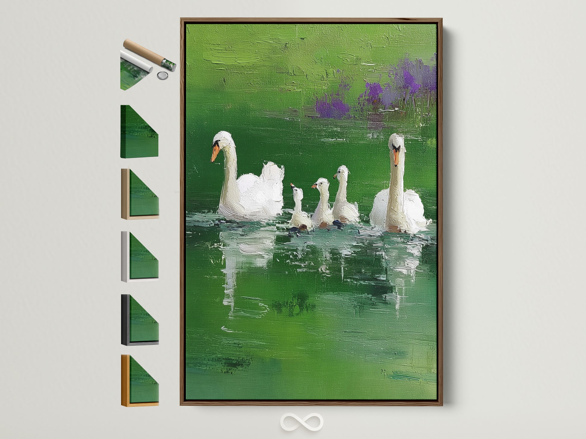 A framed artwork of swans is displayed. The frame is a natural brown tone. Various frame options are presented on the side. The artwork brings nature and elegance indoors. Perfect for living rooms or offices.