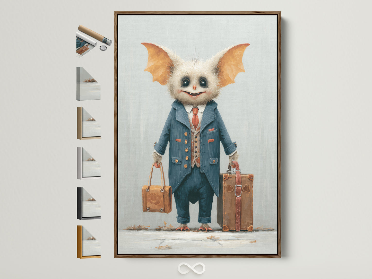 A whimsical monster travel art print is framed in a modern brown frame. The artwork shows a cute monster in a suit holding suitcases. It's ideal for kids' rooms or quirky offices. Frame options are displayed on the side. Add a playful touch to your decor with this oddity artwork.