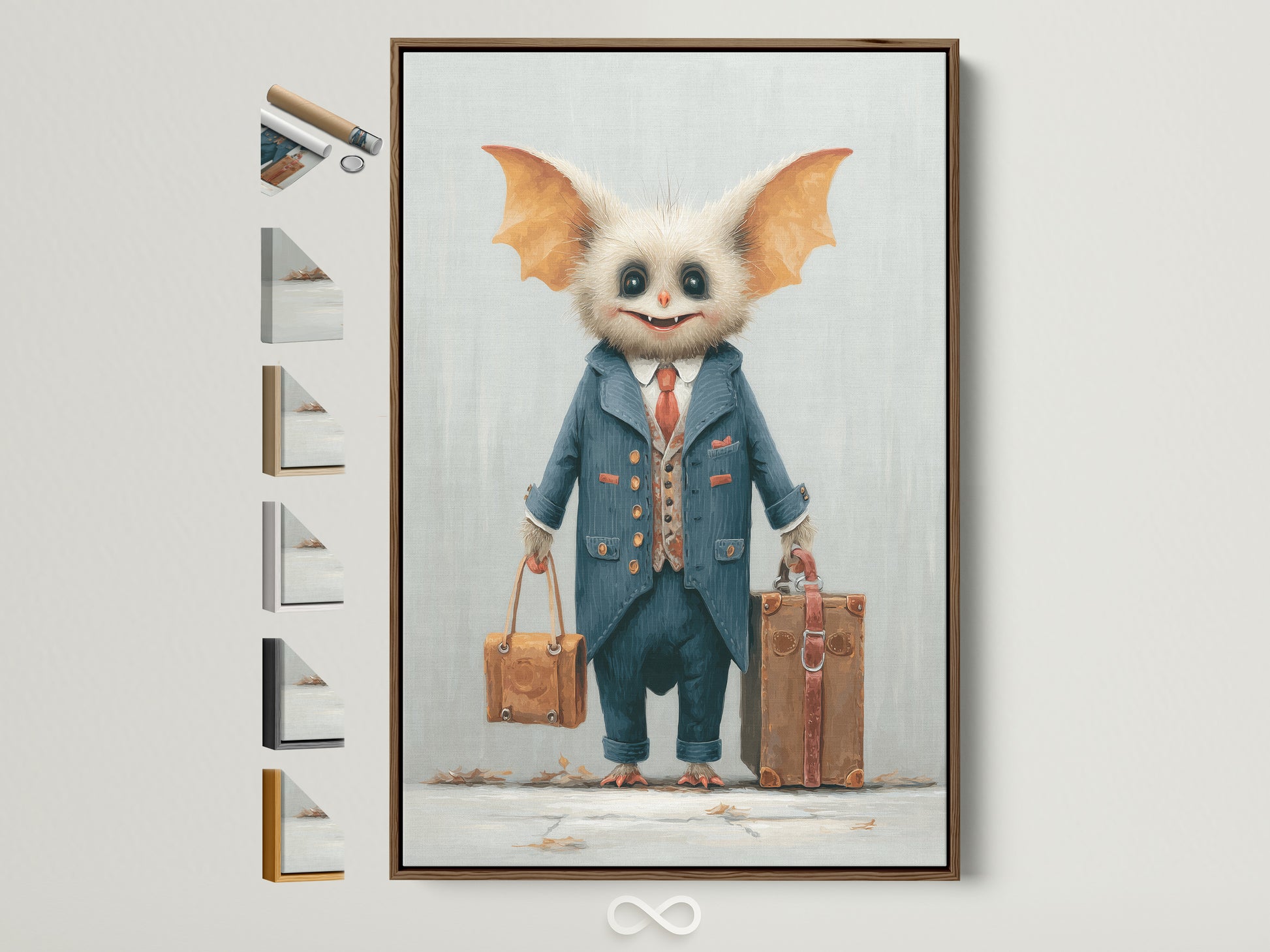 A whimsical monster travel art print is framed in a modern brown frame. The artwork shows a cute monster in a suit holding suitcases. It's ideal for kids' rooms or quirky offices. Frame options are displayed on the side. Add a playful touch to your decor with this oddity artwork.