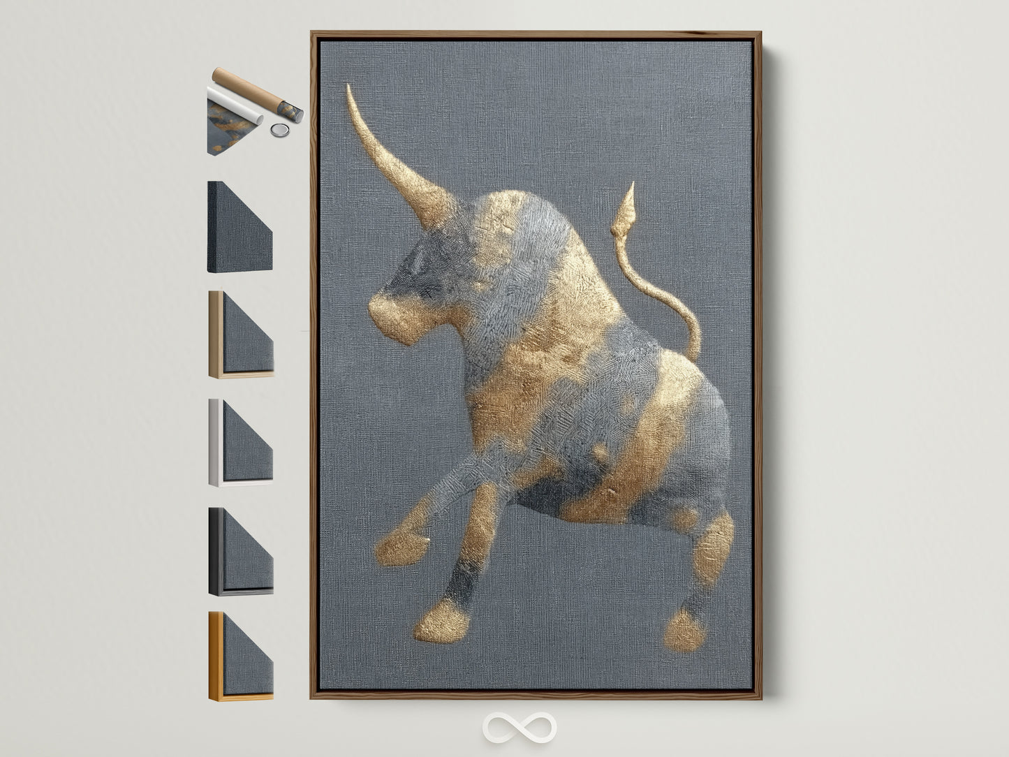 A golden bull artwork with a gray background is displayed. It features a brown frame. Several frame options are showcased. Consider this art for a study room or office. It adds a modern touch to any space. Perfect for minimalist and farmhouse styles.