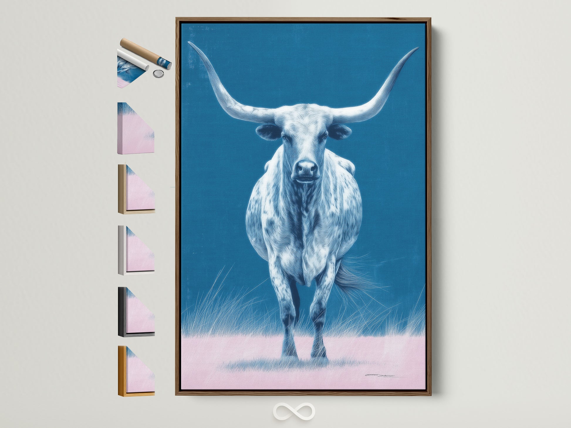 A longhorn bull artwork is displayed in a brown frame. Frame samples are arranged to the side. This western ranch wall art adds a modern farmhouse touch to any room. Perfect for adding a rustic or country style to your home or office decor.