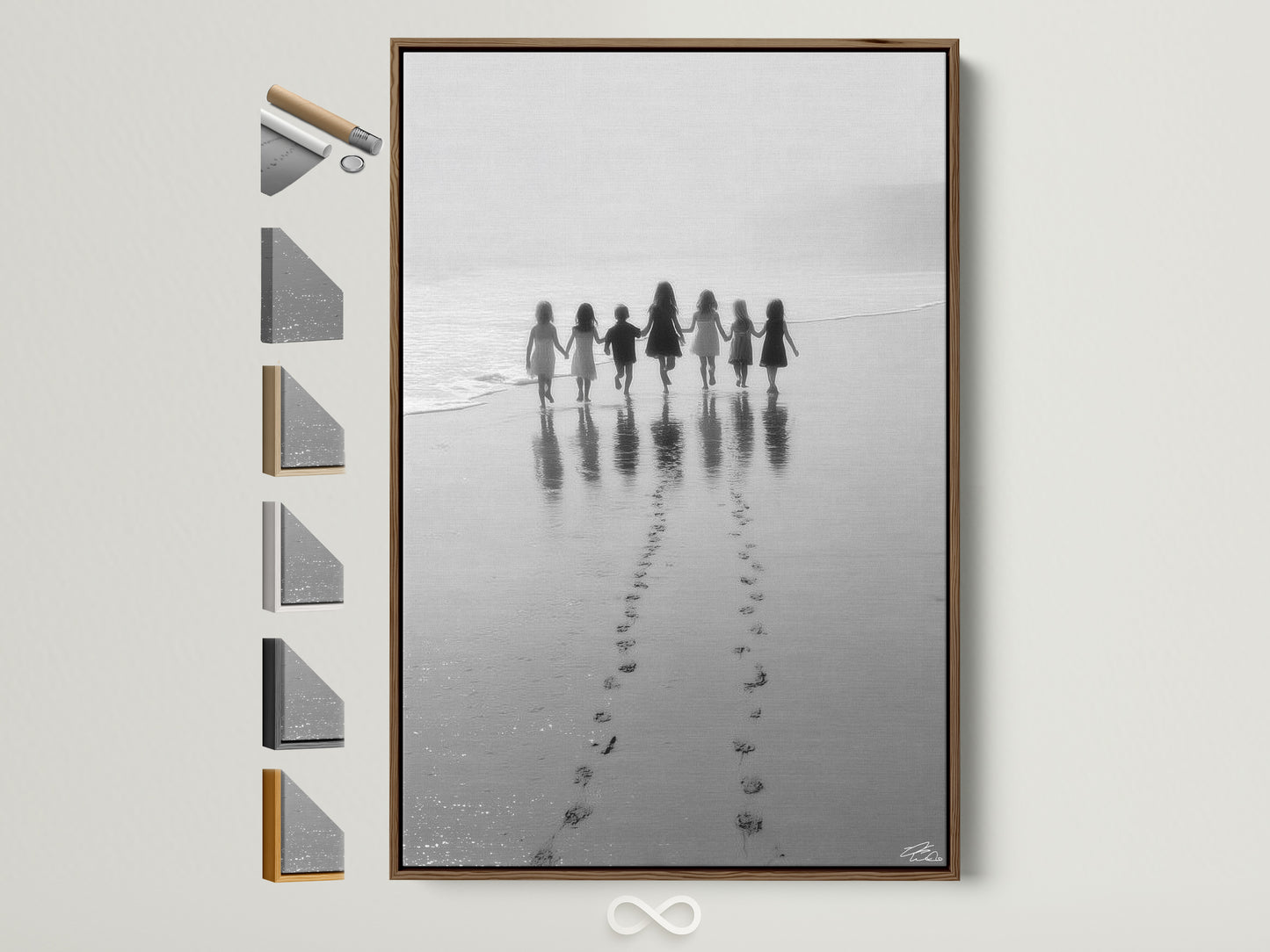 Beach Walk canvas art in a brown frame displays all frame options. Children hold hands in this black and white seascape photograph. Perfect nursery wall decor. Coastal artwork brings a minimalist touch. Shop now for kids room art family photo.