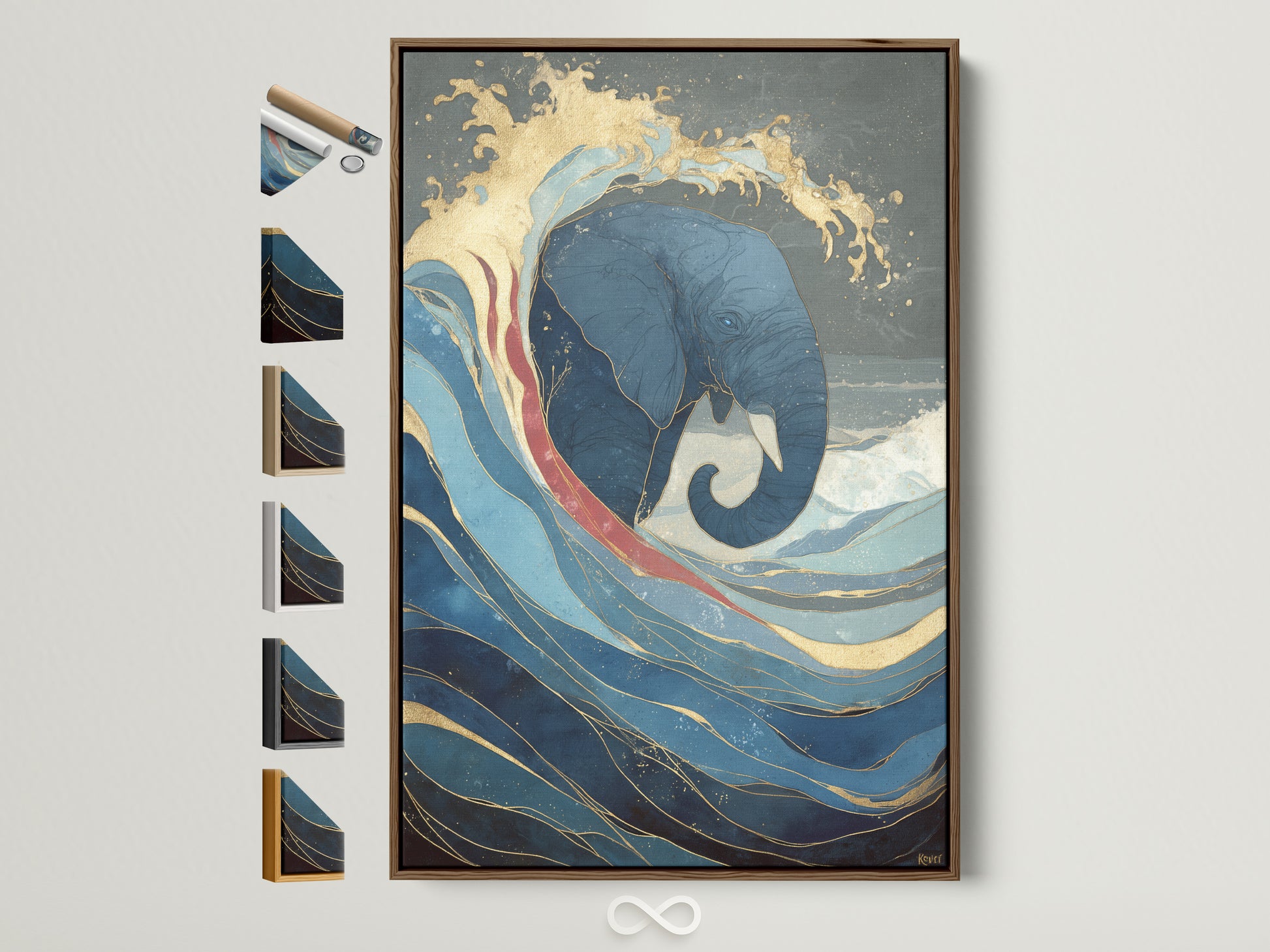 A blue and gold abstract canvas print of an elephant in an ocean wave inside of a brown frame. See all frame options available. This wildlife artwork adds coastal style to any room. Perfect wall decor for homeowners and interior stylists.