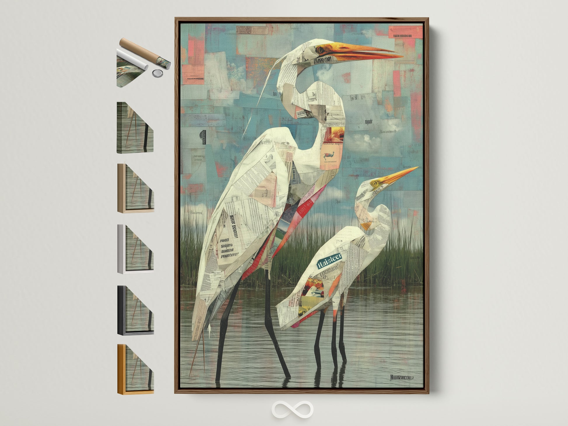 Explore framing options for coastal bird wall art. This brown frame displays heron artwork. See frame choices for your modern newspaper art. Find the perfect entryway decor here. View all frame styles on the side.