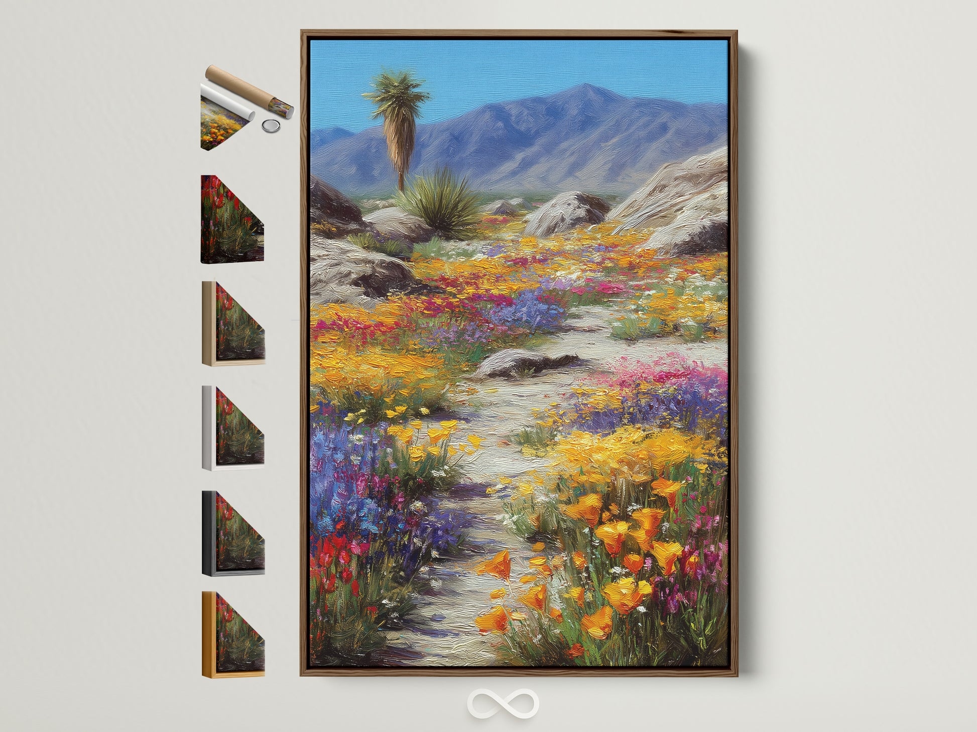 Desert Wildflower artwork with a brown frame. This colorful bloom landscape print brings the Southwest nature indoors. The artwork is perfect for bedroom art or any space needing a pop of color. Discover framed art options.