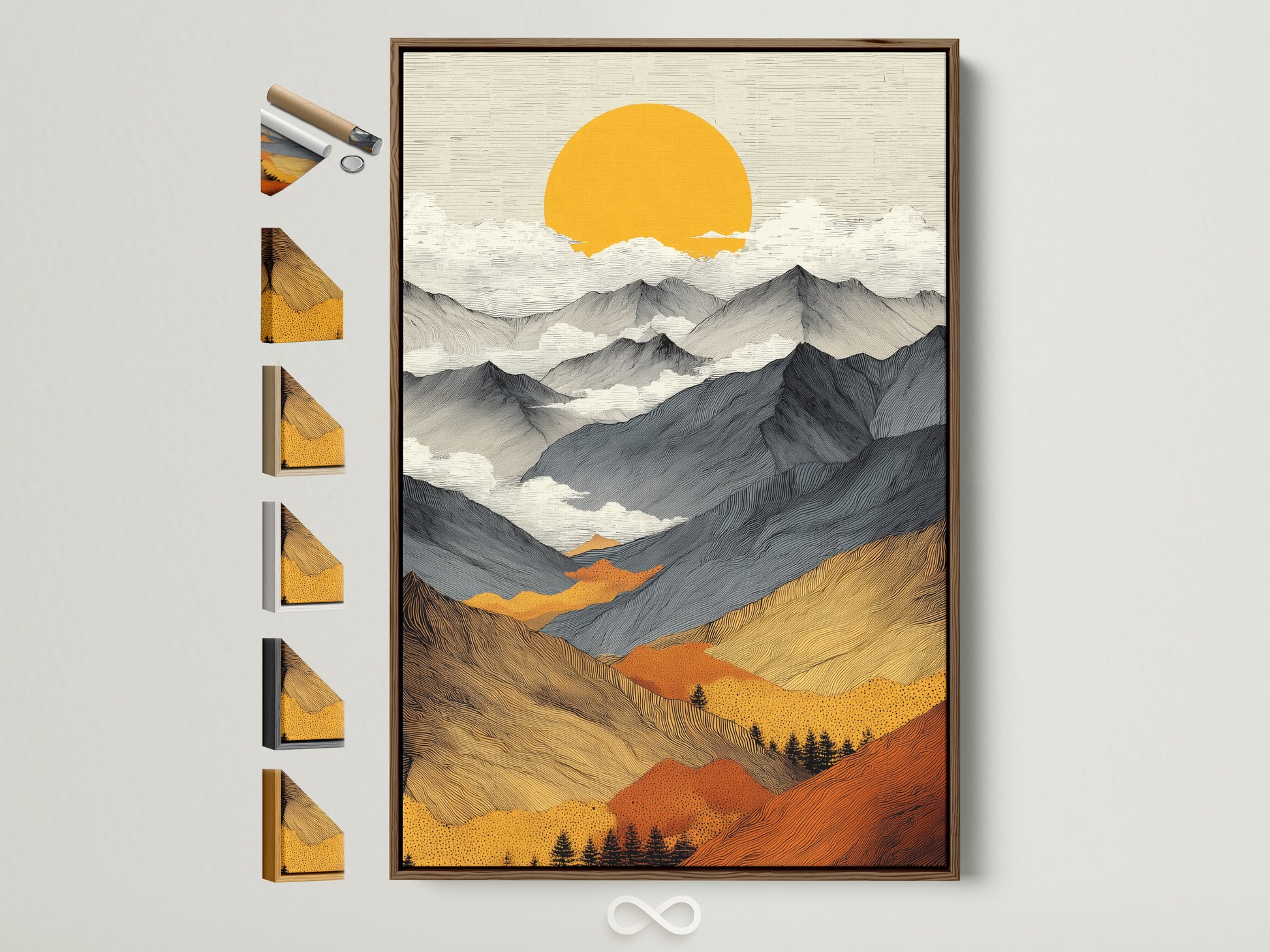 The mountain sunrise canvas artwork is displayed in a brown frame. Explore frame options for this abstract landscape wall art. Perfect golden sun nature poster for bedroom wall decor. Elevate your space with mountain wall art and warm tones prints. Find the ideal frame to complement your style.