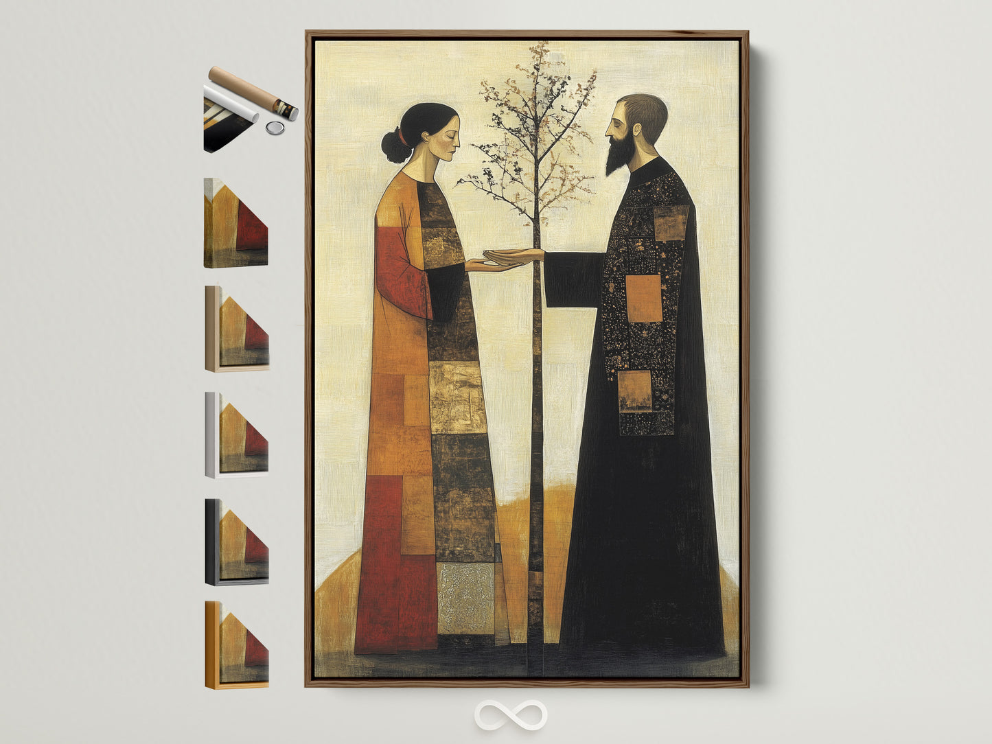 Modern folk art canvas print in a brown frame. A beige wall art piece with earthy tones. The artwork depicts a couple planting a tree. The art would be great for bedroom wall decor. All frame options are displayed on the side.