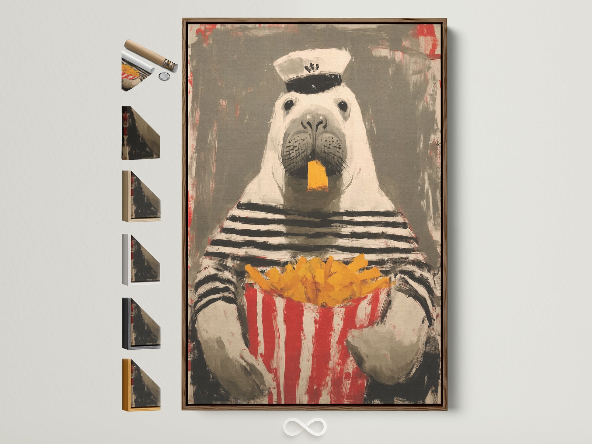 A charming sailor walrus artwork displayed in a brown frame. This quirky animal print adds nautical flair to any space. See all frame options available for this whimsical artwork. Perfect for coastal and tropical decor enthusiasts.