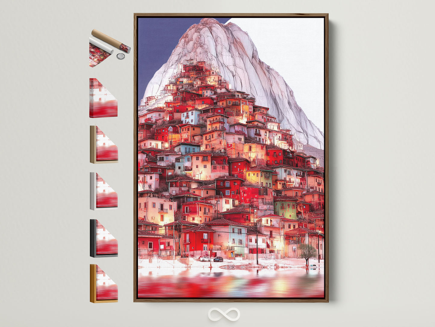 Explore frame options for the Mountain Village artwork. See the Brown frame alongside other choices. Perfect for Italian Hillside art and red teal decor. Match your style today