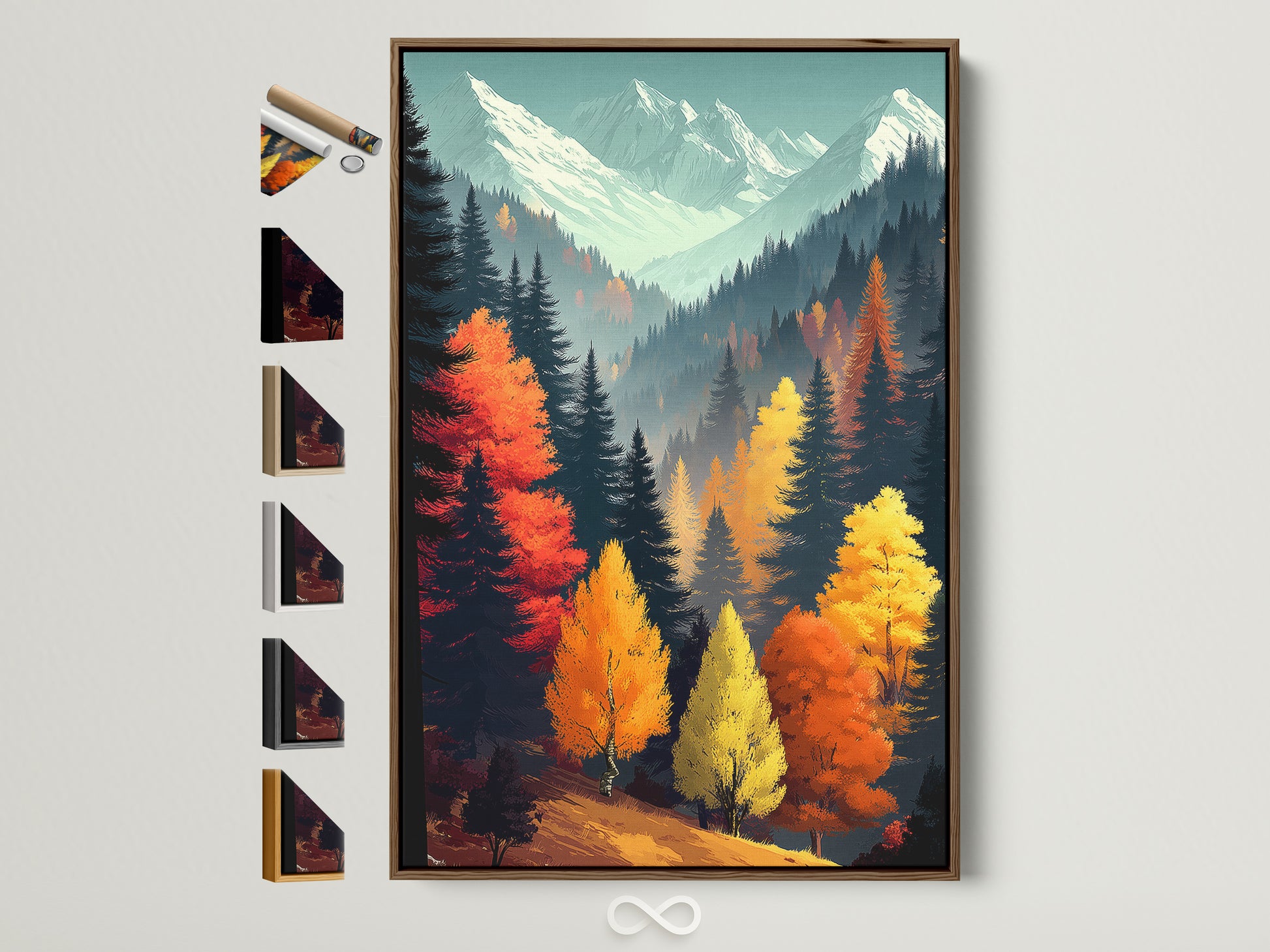 Autumn Forest artwork with a brown frame. This mountain landscape wall art features fall colors. The artwork is suitable for a study room or any space needing nature-inspired decor. Frame options displayed enhance customization for modern rustic cabin or country styles.