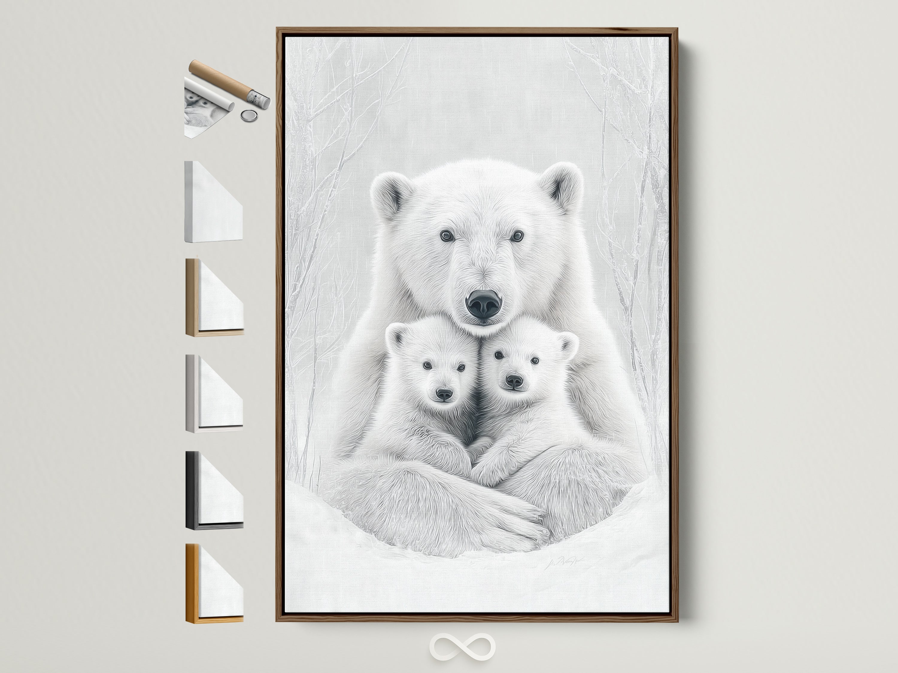 A heartwarming polar bear family artwork is displayed in a brown frame. See all frame options available to customize your wildlife wall art. Perfect monochrome animal canvas for nursery decor.