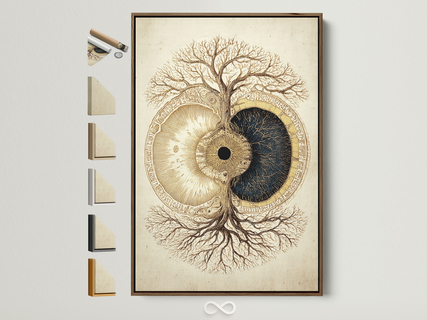 Brown frame displays the artwork. All available frame options are showcased on the side. Explore a variety of frames. Find the perfect frame to complement your art. This art piece is a perfect addition to any home. The art features a tree and eye artwork.