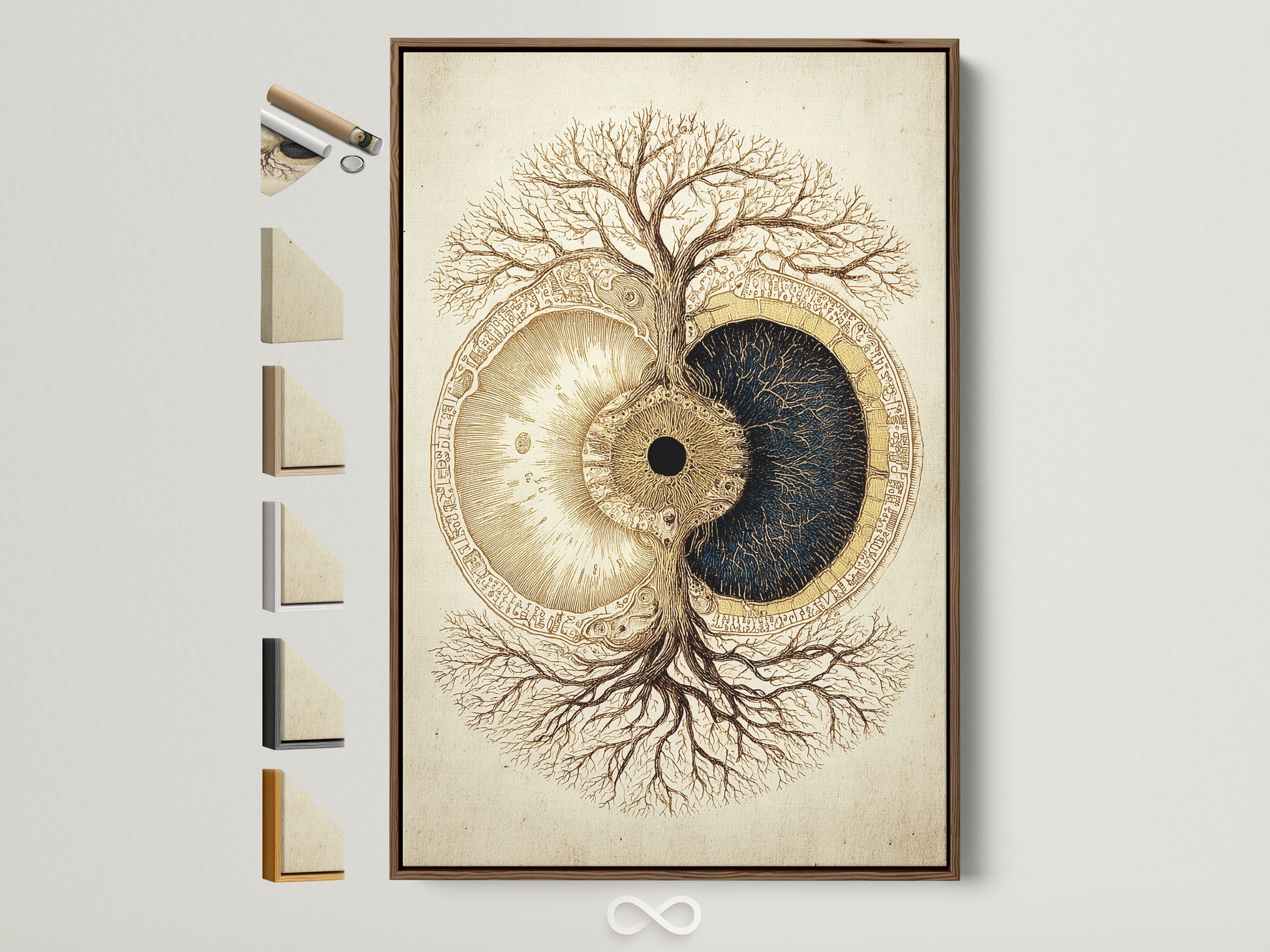 Brown frame displays the artwork. All available frame options are showcased on the side. Explore a variety of frames. Find the perfect frame to complement your art. This art piece is a perfect addition to any home. The art features a tree and eye artwork.