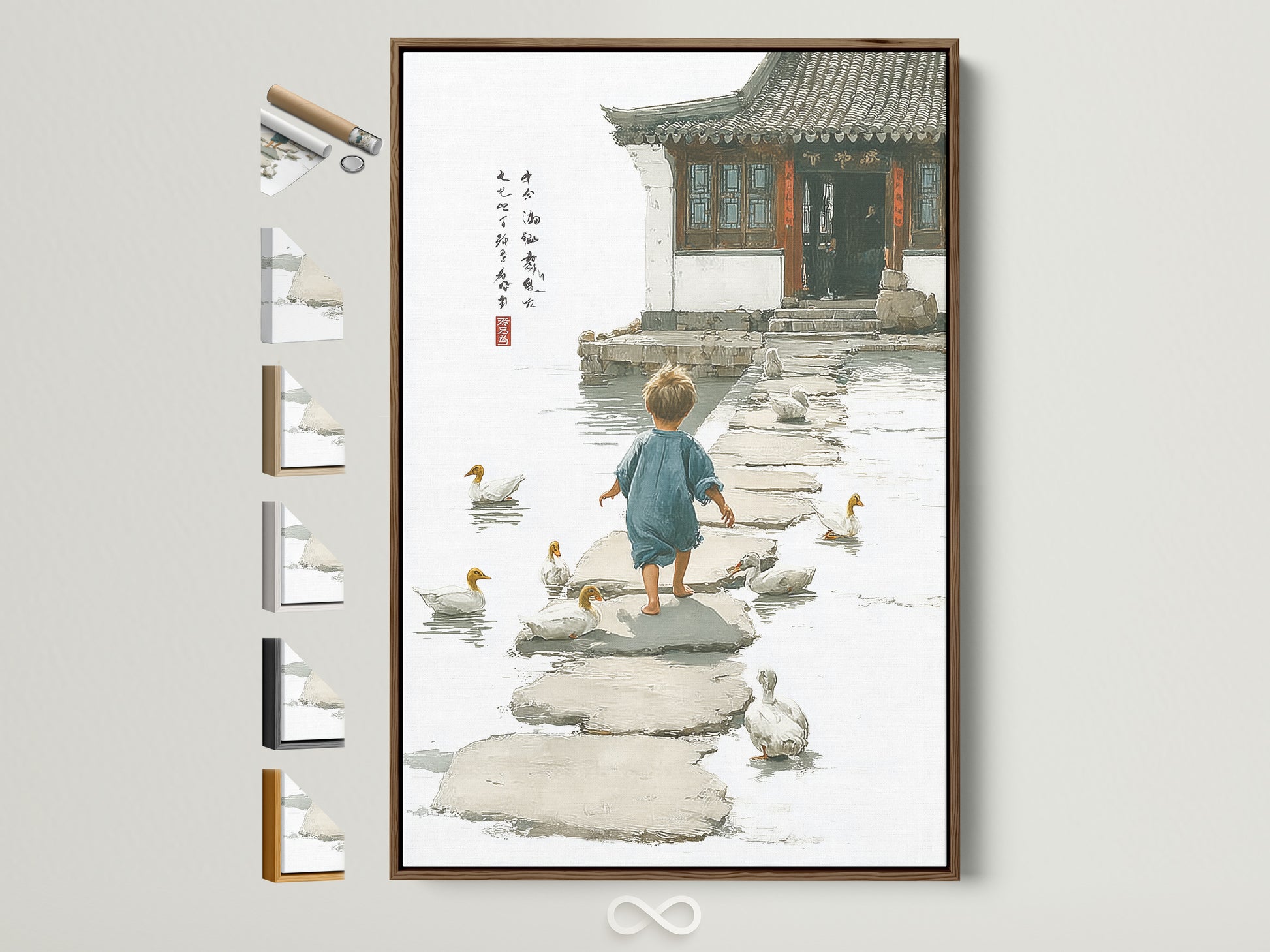 A captivating brown frame showcases a serene artwork. The image features a child walking among ducks on stepping stones. Frame options are displayed elegantly on the side. Enhance your space with framed art. It is a timeless choice for any room decor.