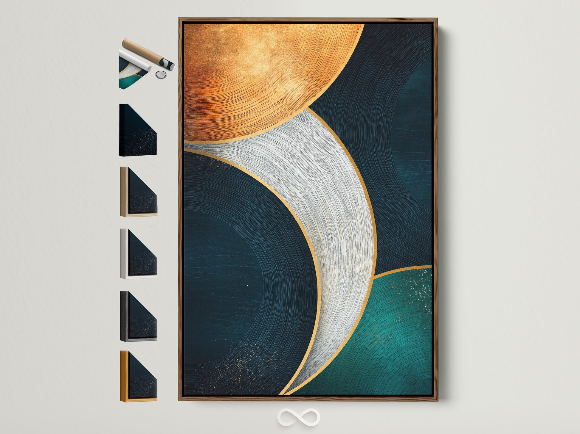A contemporary abstract geometric artwork is displayed in a brown frame. The artwork features teal navy and gold curved lines. This modern canvas art adds sophistication to any living room bedroom or office. Explore various frame options available on the side to customize your artwork.