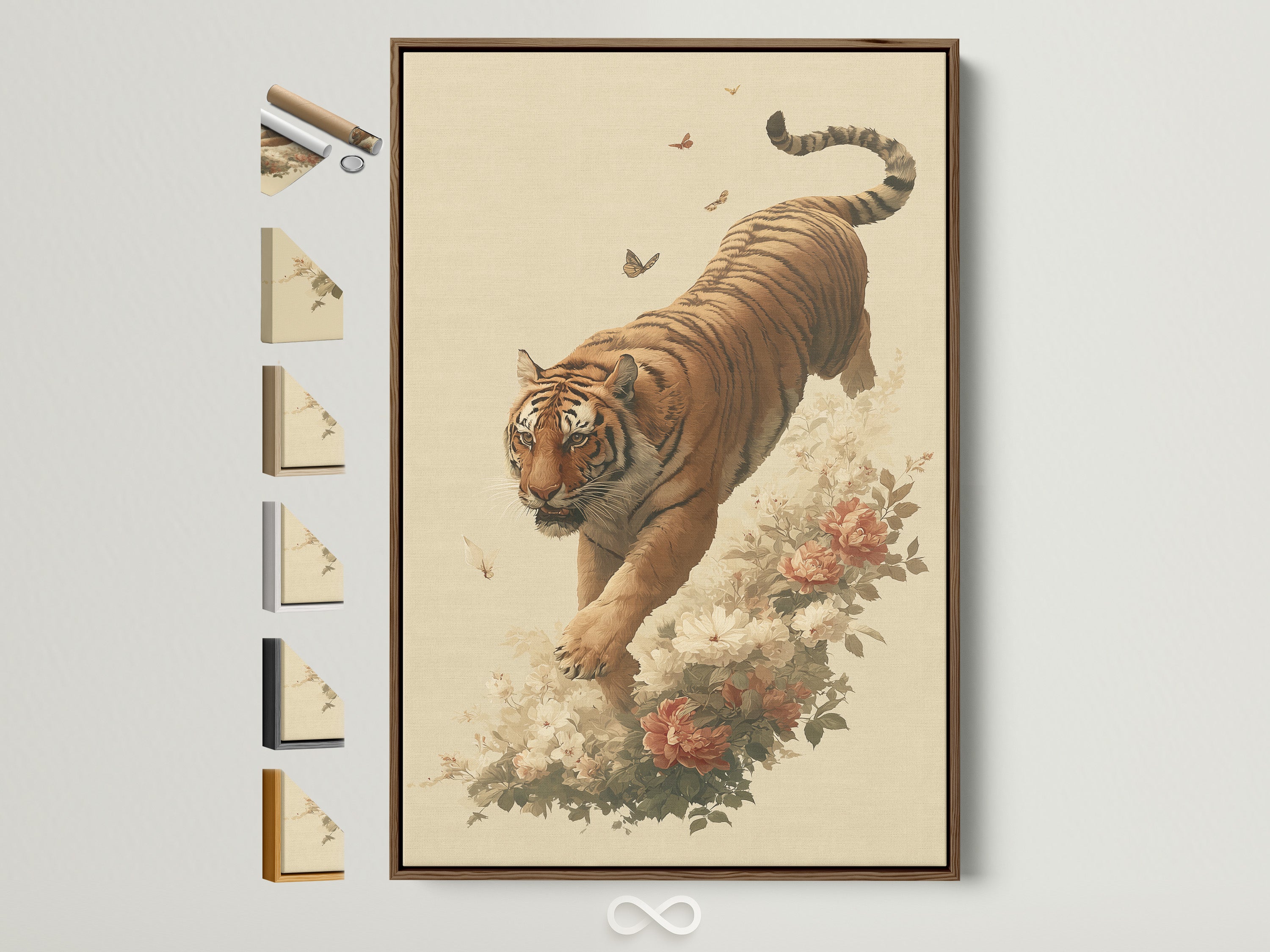 Vintage tiger artwork with beige background in a brown frame. Several frame options are displayed on the side. This vintage tiger art print adds a touch of traditional wildlife charm to any study room decor. The botanical tiger is surrounded by floral elements and butterflies. Perfect for homeowners renters and business owners.
