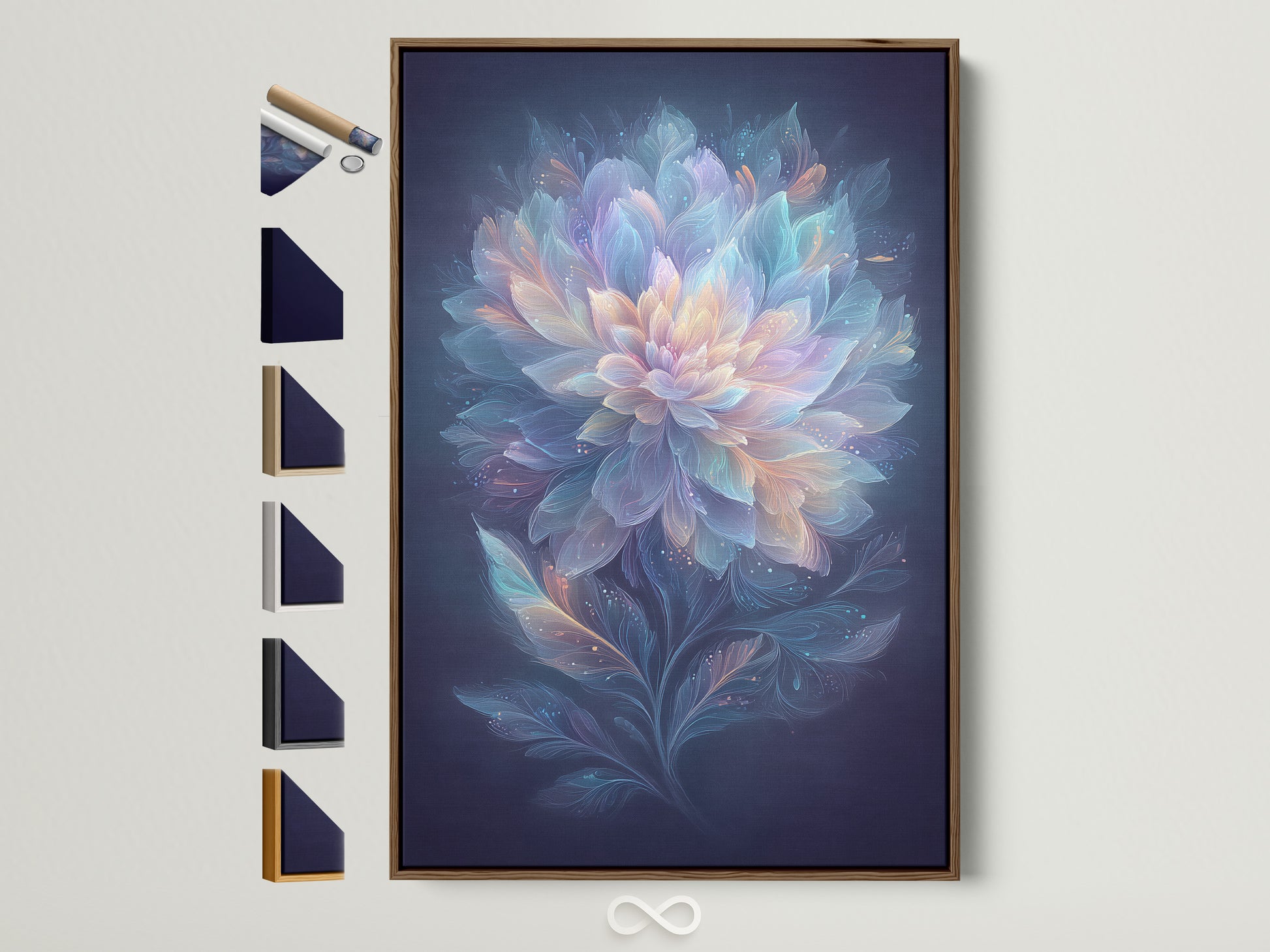 Ethereal Flower artwork is showcased in a brown frame. This pastel blue and pink wall art brings a dreamy botanical touch. Discover frame options to enhance your bedroom decor. It offers refined modern wall art.
