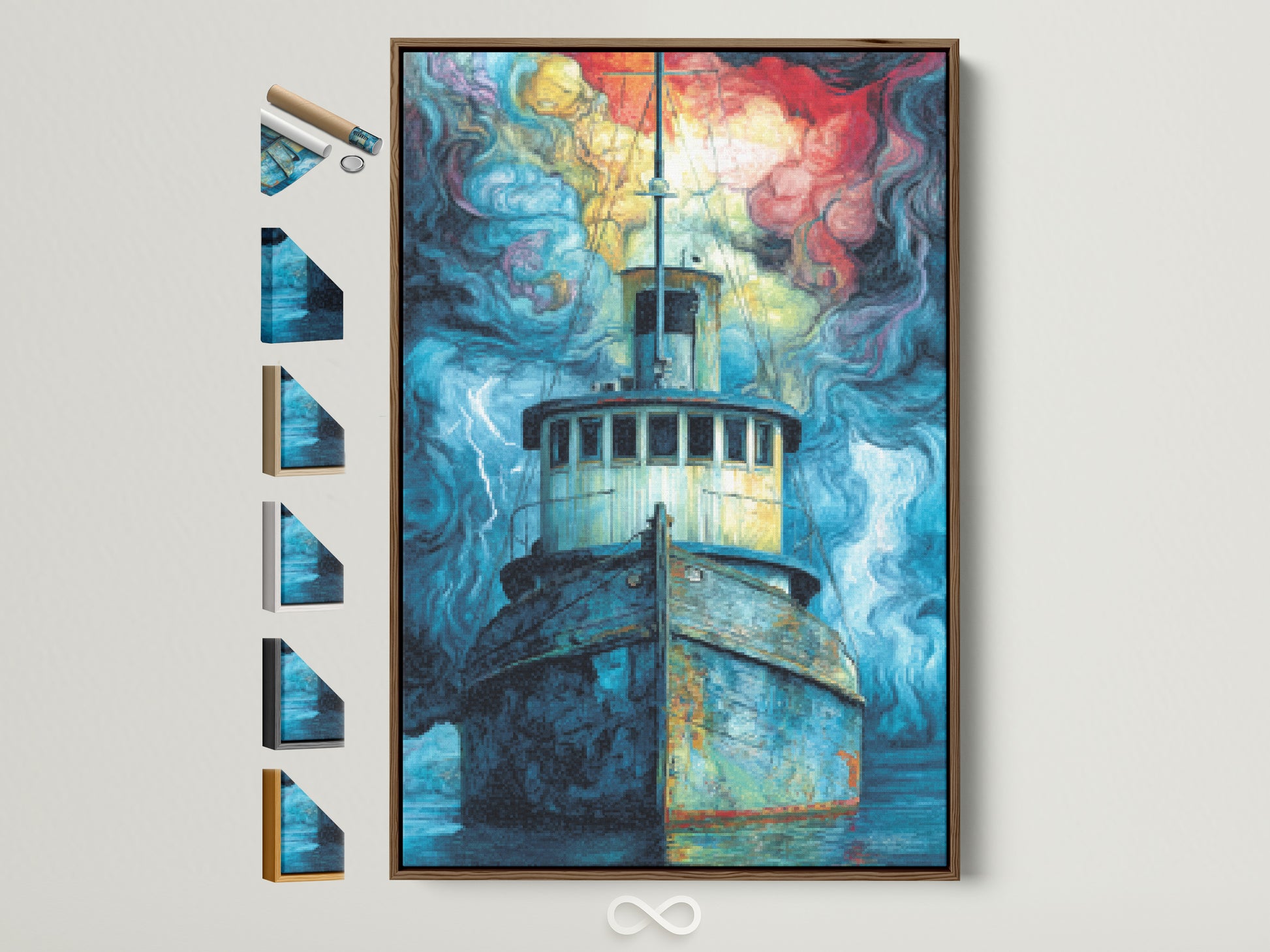 Fishing Boat artwork with a brown frame. Explore framed nautical canvas prints. Multiple frame options are displayed. Find the perfect Coastal Wall Art for your living room or office. This stormy seascape painting adds a touch of maritime charm. Perfect for nautical industrial or eclectic styles.