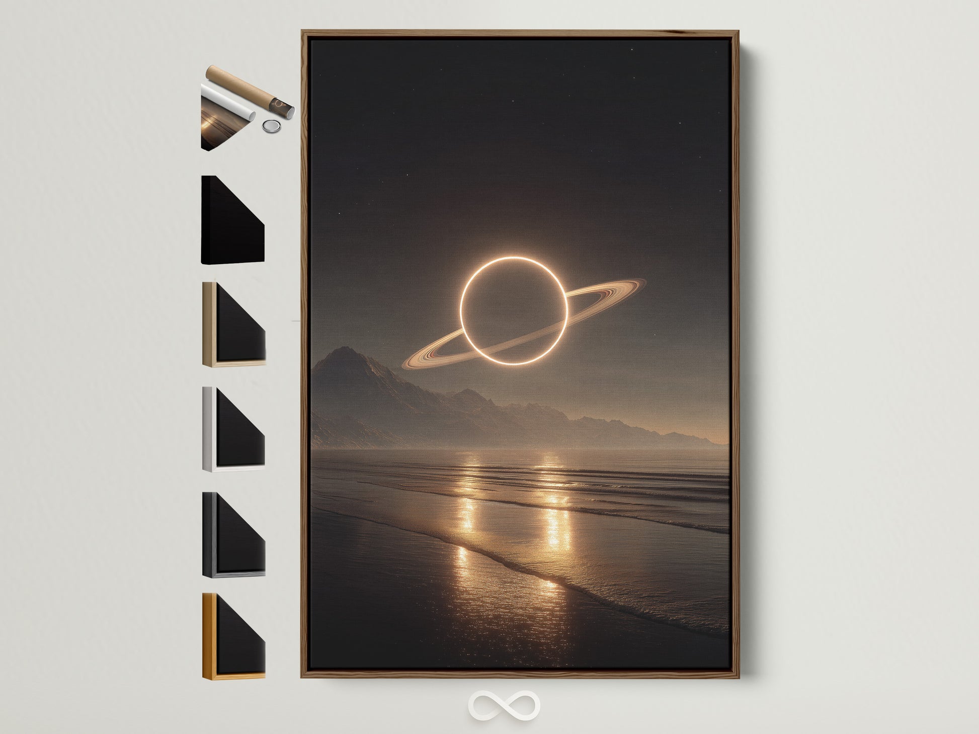 A captivating artwork is displayed in a brown frame. The art features a planet over a serene beach at night. Explore all framing options to perfectly complement your artwork. Different frame styles are showcased to enhance your space.