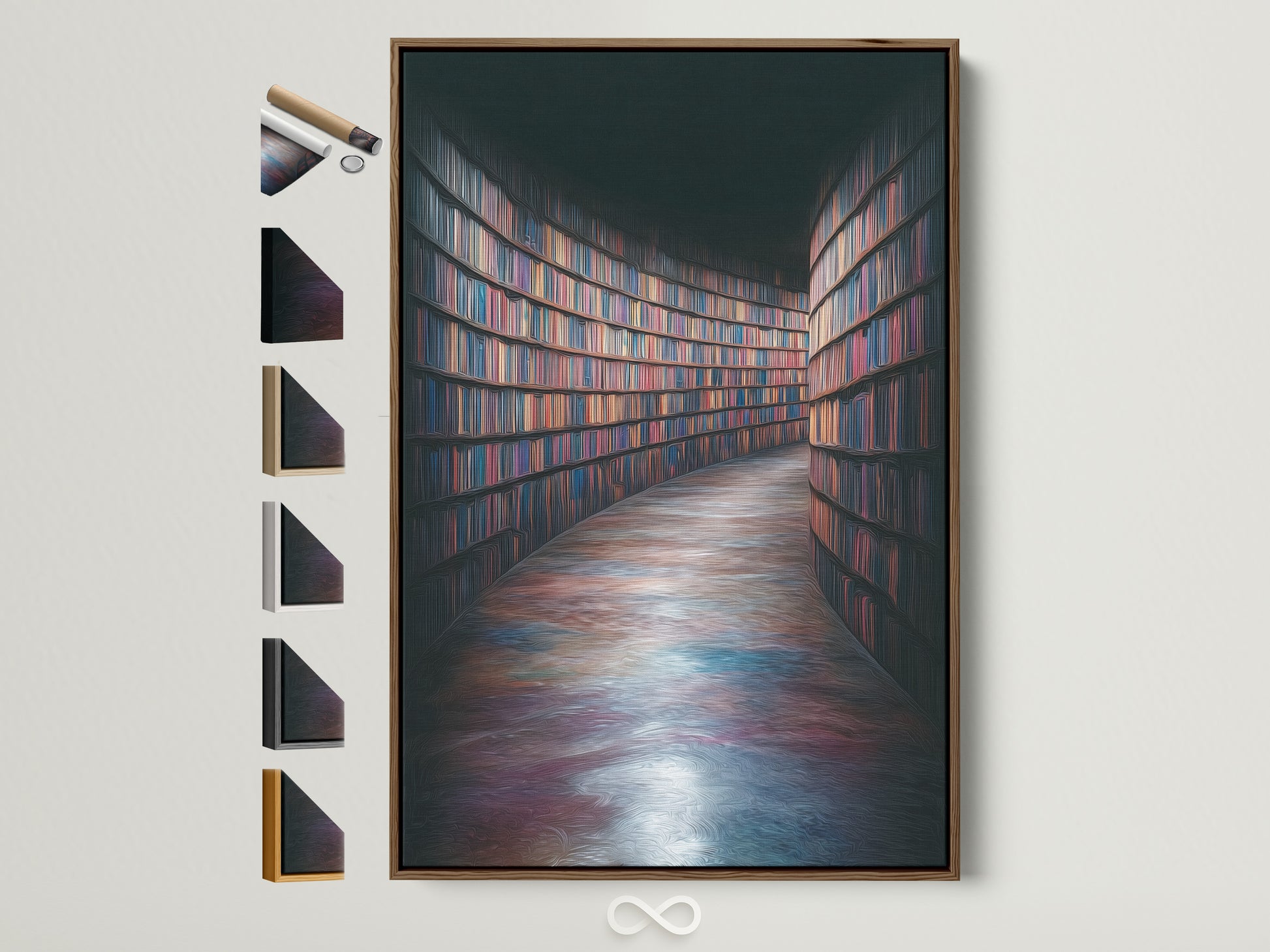 Brown frame displays a captivating library bookshelf art print. Various frame options are showcased. Elevate your space with this intellectual artwork. Perfect for study rooms or living rooms. A great gift for book lovers. Discover moody academia wall art for your home or office.