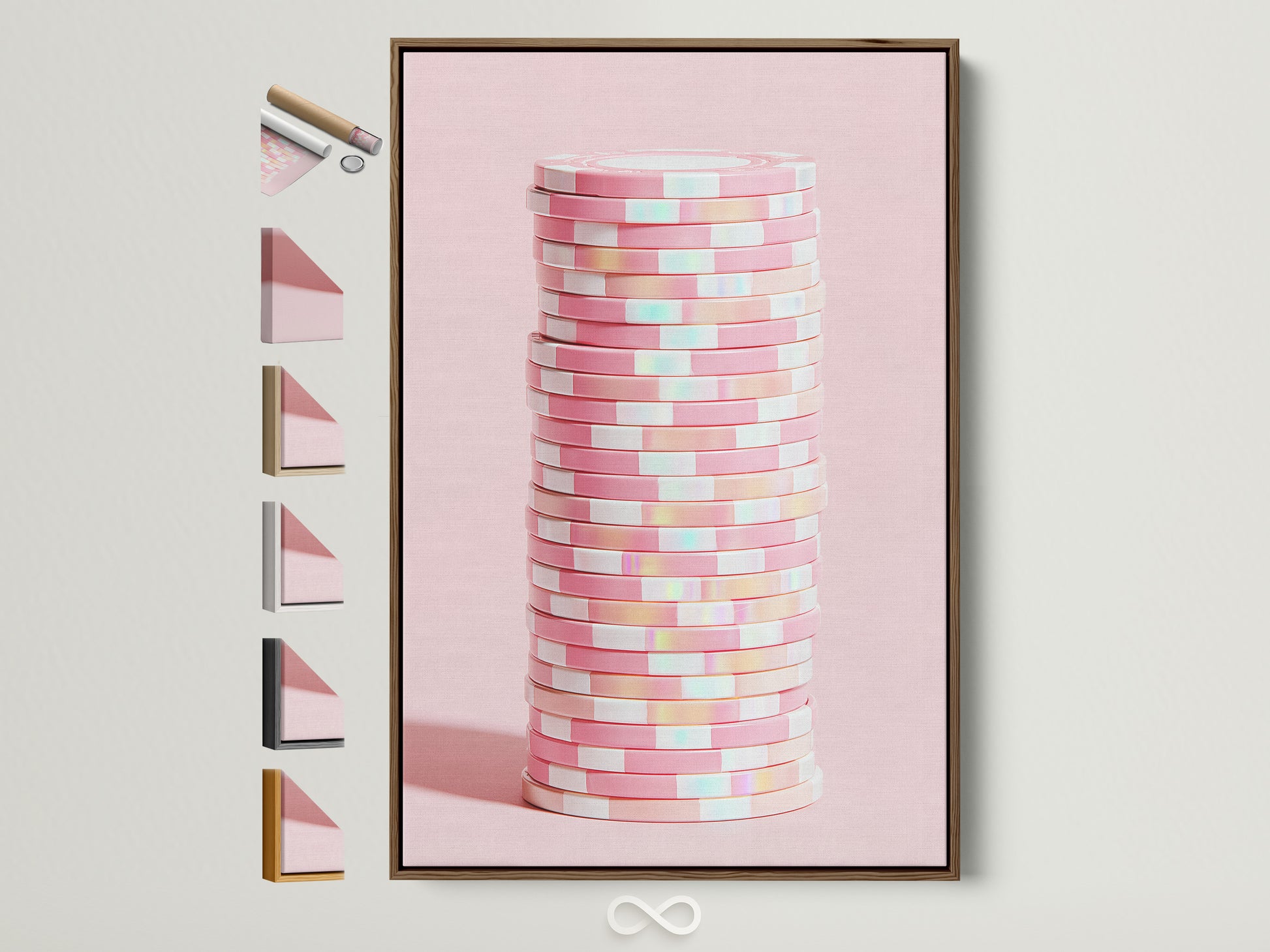 Abstract geometric artwork in a brown frame. The artwork features pink pastel wall art. Notice all the frame options displayed on the side. Perfect modern minimalist decor for any office space.