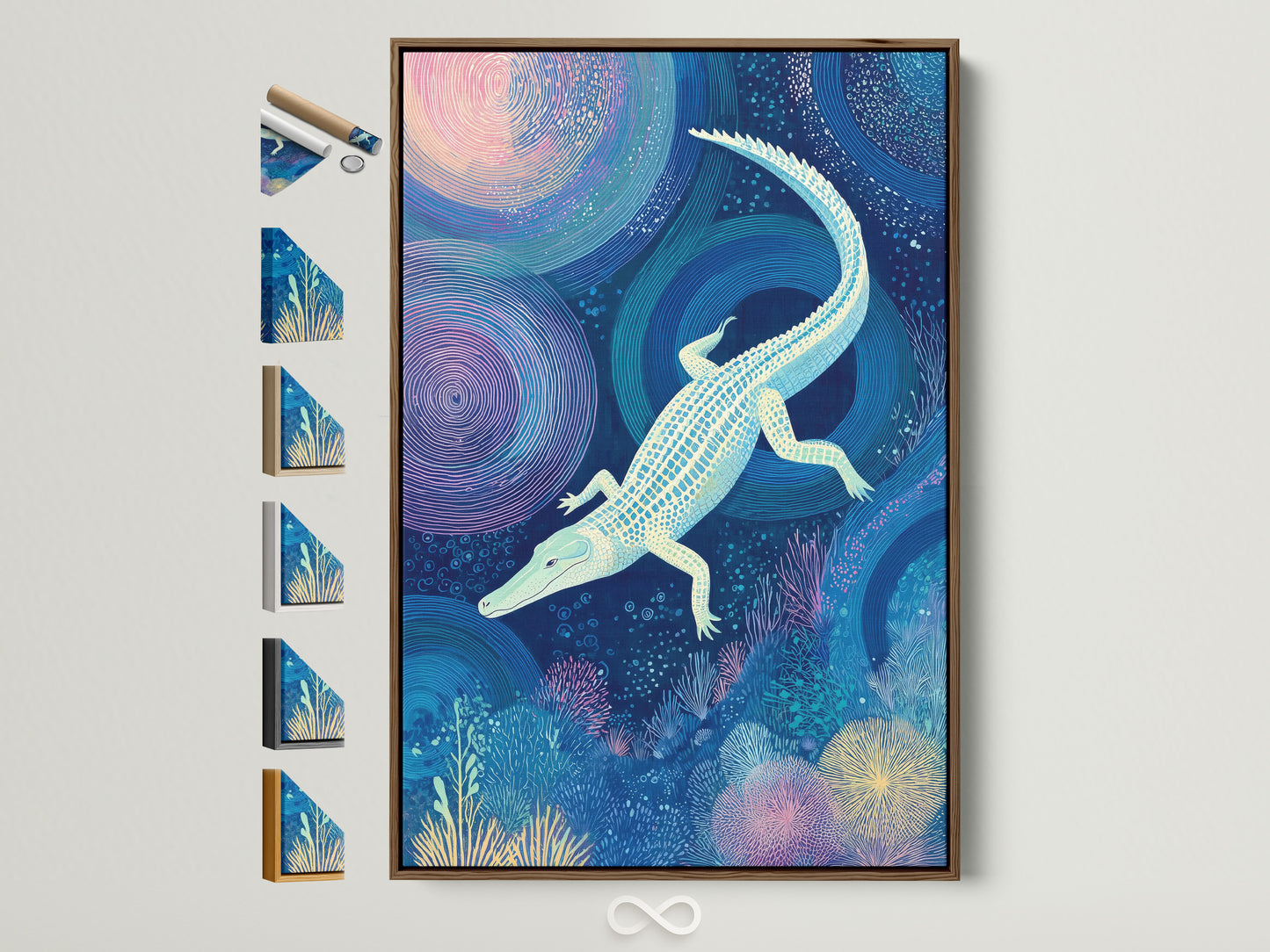 Elevate your space with our Alligator Art Print. It features an ocean blue canvas showcasing underwater wildlife. Framed in a warm brown that complements nautical contemporary or eclectic styles. See all framing options beside the displayed art.
