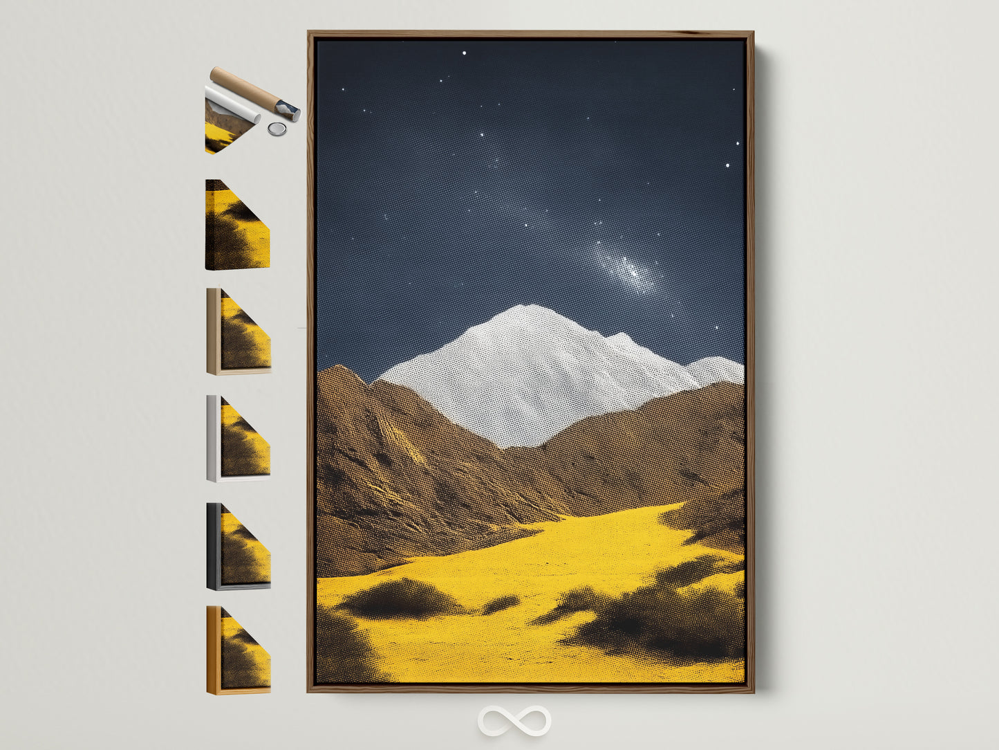 Mountain Galaxy canvas artwork with a brown frame is displayed alongside frame options. The art features earth tones a celestial galaxy and a calming mountain landscape. This wall decor is ideal for a living room study room or office space. It's a contemporary piece that enhances minimalist modern or Scandinavian styles.