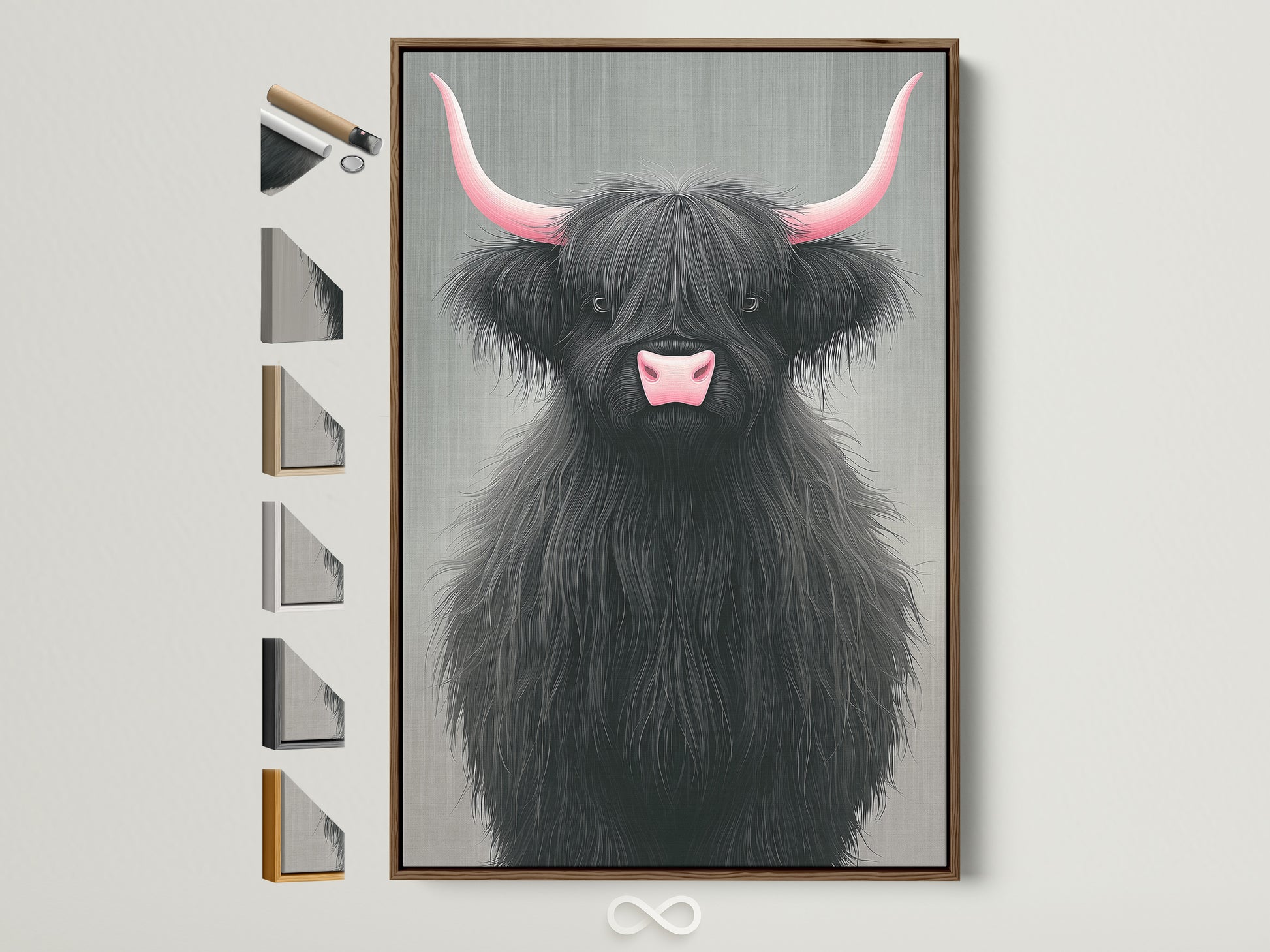 Highland Cow Canvas Print with Pink Horns in a Brown Frame. This farmhouse style artwork is perfect for nursery decor. See all available frame options to customize your wall art. Ideal for a rustic home decor theme. A charming piece for any room.