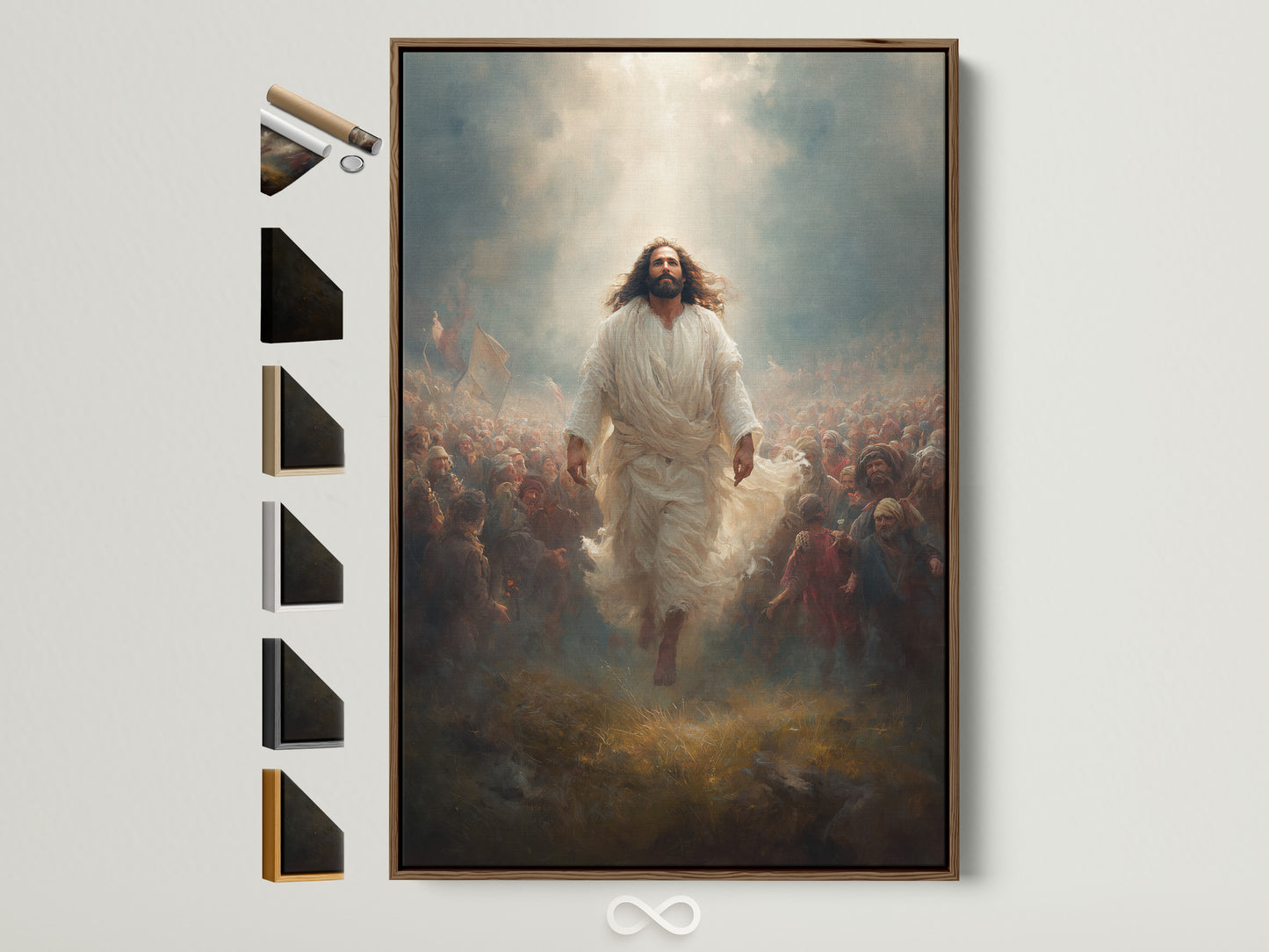 Elevate your space with Jesus Christ artwork. See the brown frame option. Many frame choices are available. Find the perfect frame to complement this religious decor. Ideal for church office art or Christian home decor. A spiritual gift print that inspires faith.