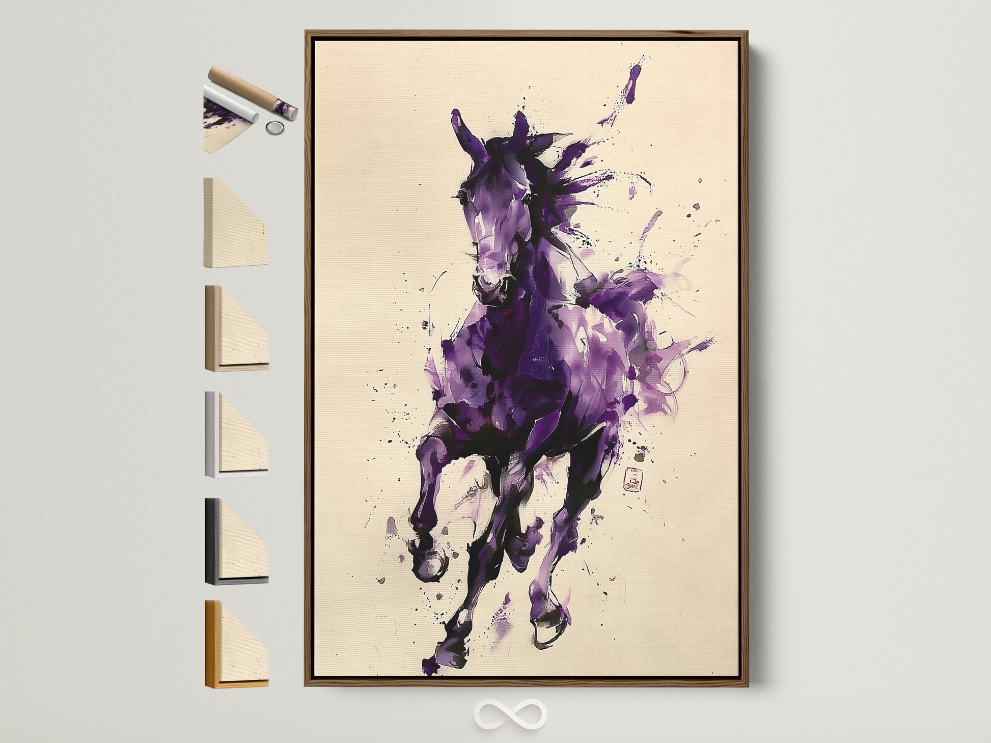 Explore framing options for your artwork. This brown frame displays a captivating horse art print. See all available frame styles to perfectly complement your art.