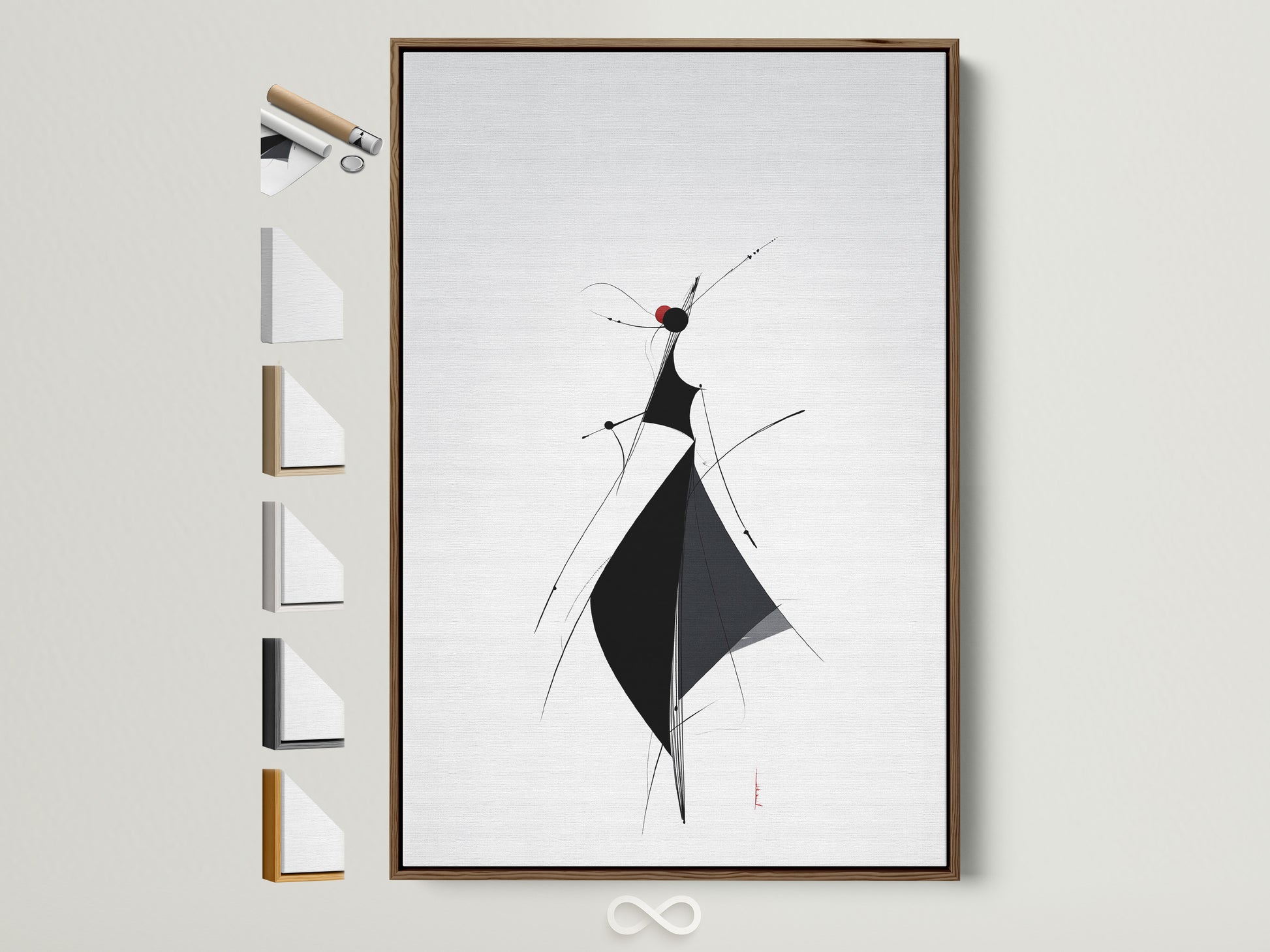 Framed artwork displayed in a brown frame. Various frame choices are showcased on the side. Find the perfect frame to complement your art. Explore our wide range of options. Create a gallery-worthy display. Elevate your artwork with our exquisite frames.