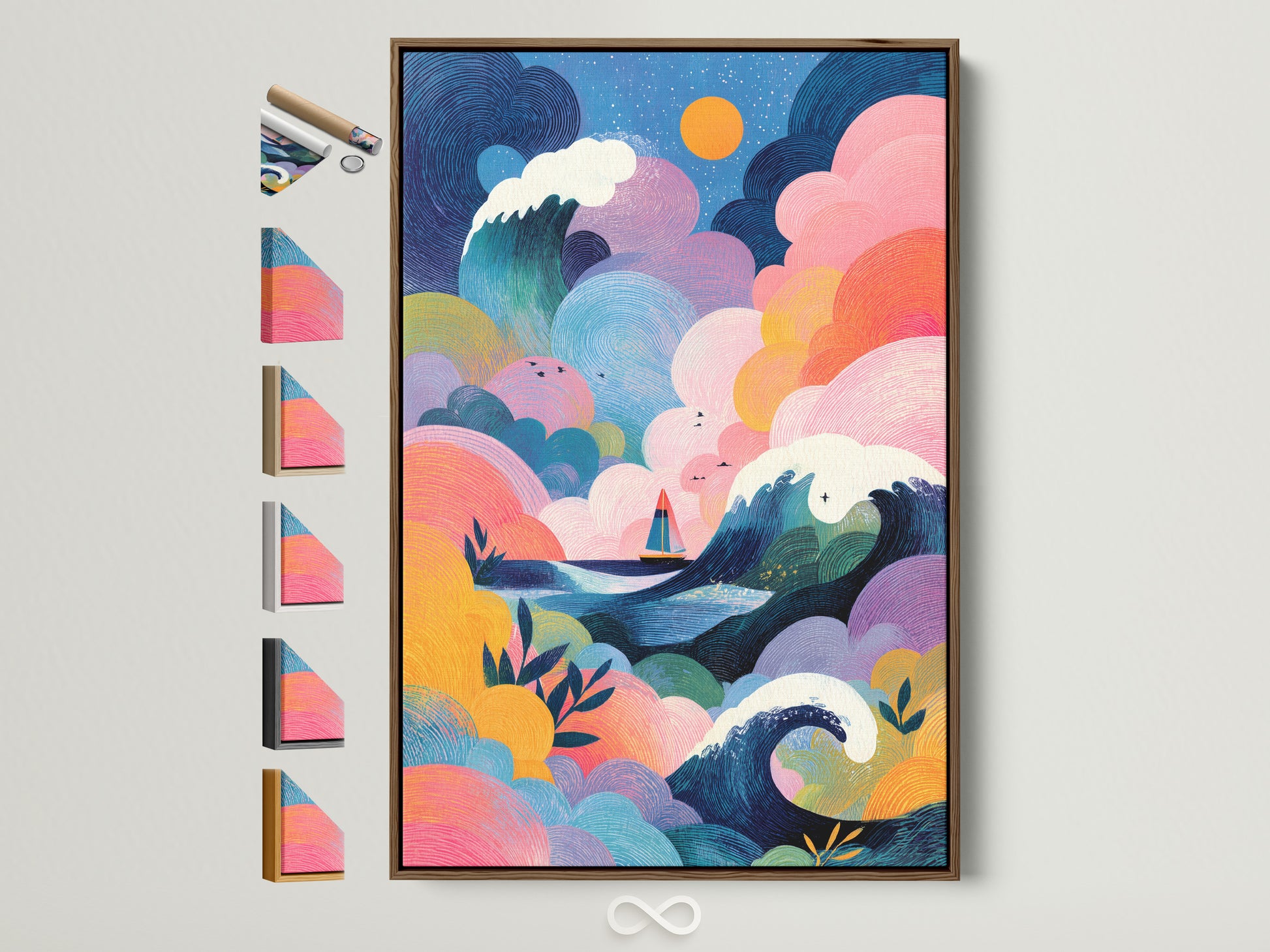 Framed art print with a brown frame is displayed on a white wall. The artwork features a colorful ocean scene. It includes waves sailboats and whimsical clouds. This frame option is just one of many to choose from.