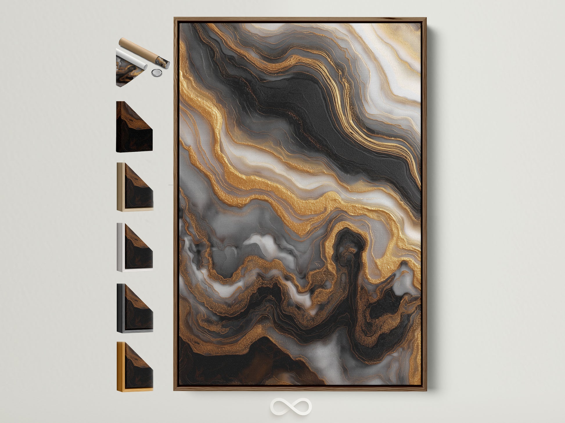 Explore our art prints with a variety of frame options. The photo showcases a brown frame. See all frame styles available on the side. Find the perfect frame to complement your artwork. Choose your favorite frame today