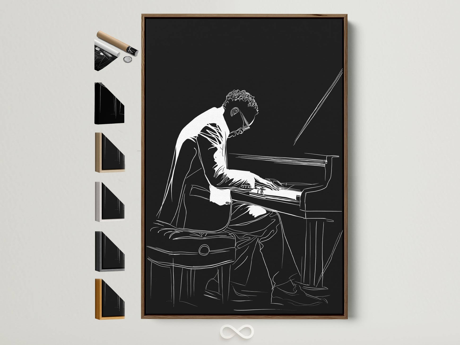 Explore framed piano player artwork. This jazz musician canvas wall art is displayed in a brown frame. See all frame options available. Elevate your space with black and white music wall decor. Perfect for a study room or music room.