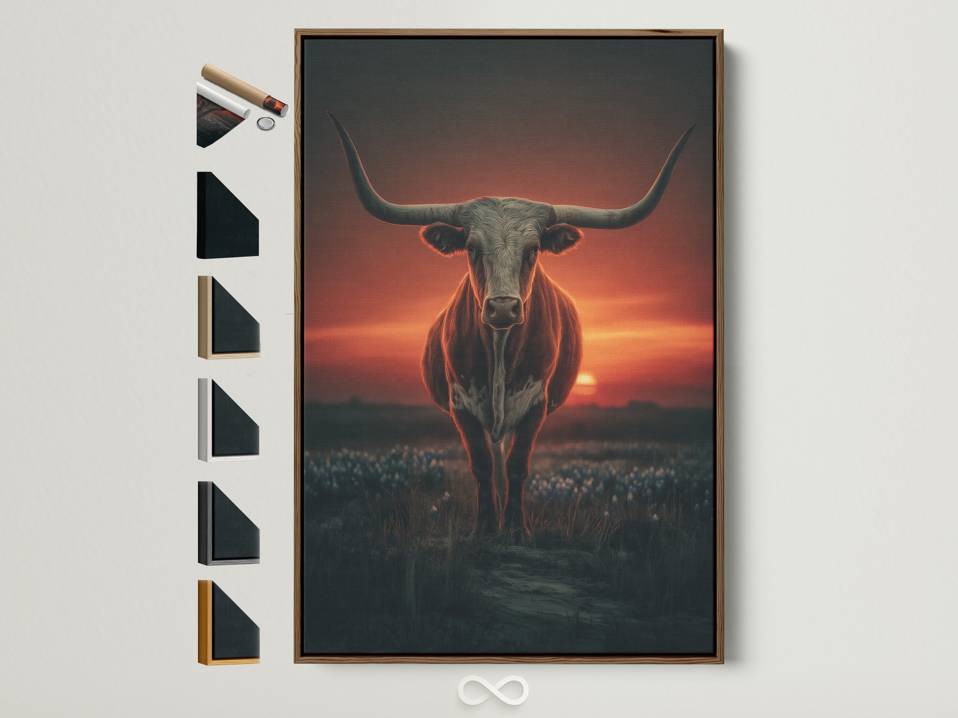 Longhorn bull artwork in a brown frame. The artwork features a dramatic sunset. It's a great piece for ranch style home decor. See all frame options for this western wall art. Perfect for rustic and country-themed rooms.