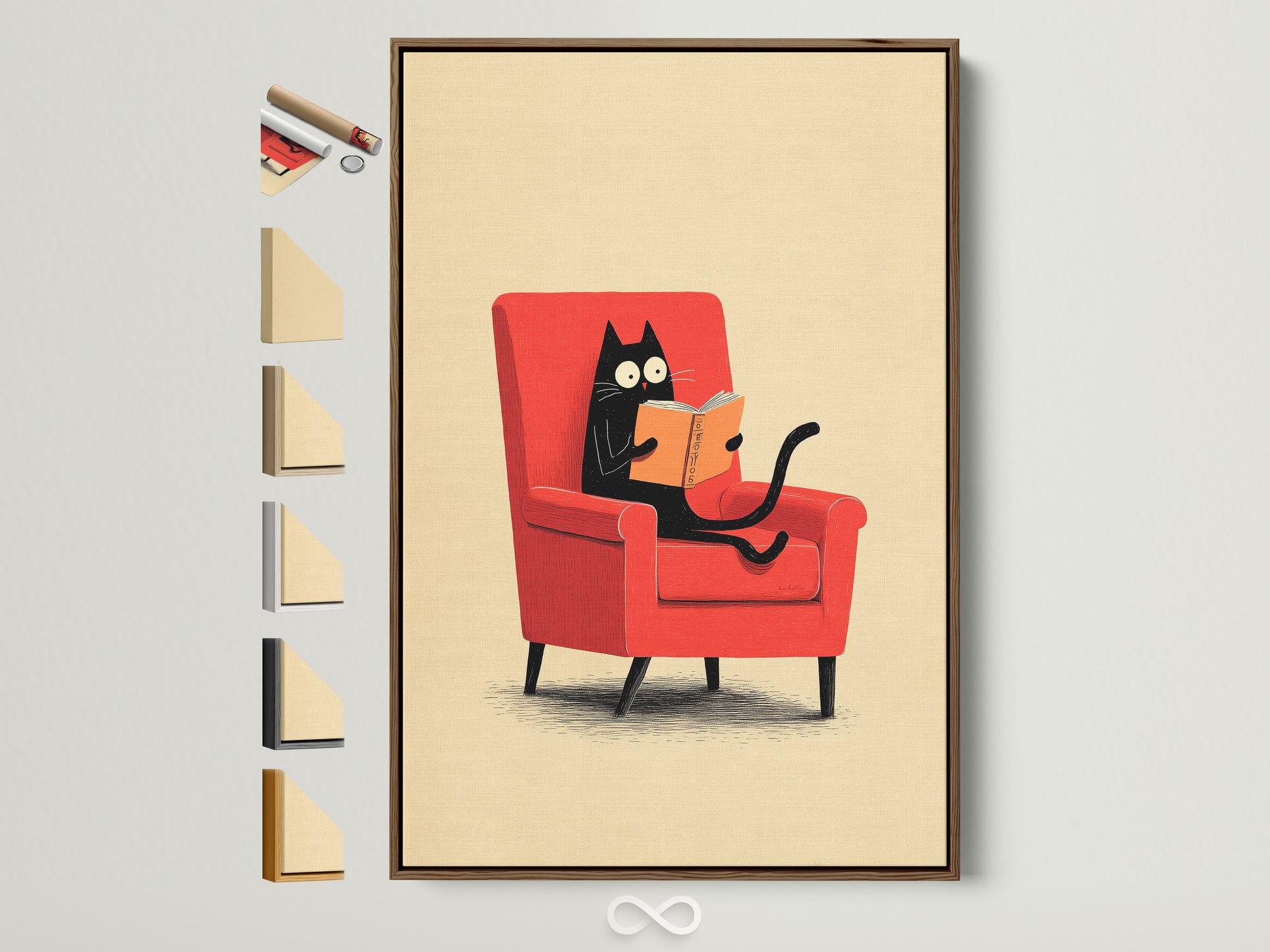 A brown frame art print is displayed. You can see all frame options on the side. This allows you to customize your artwork. A wonderful addition to any space for an artistic flair.