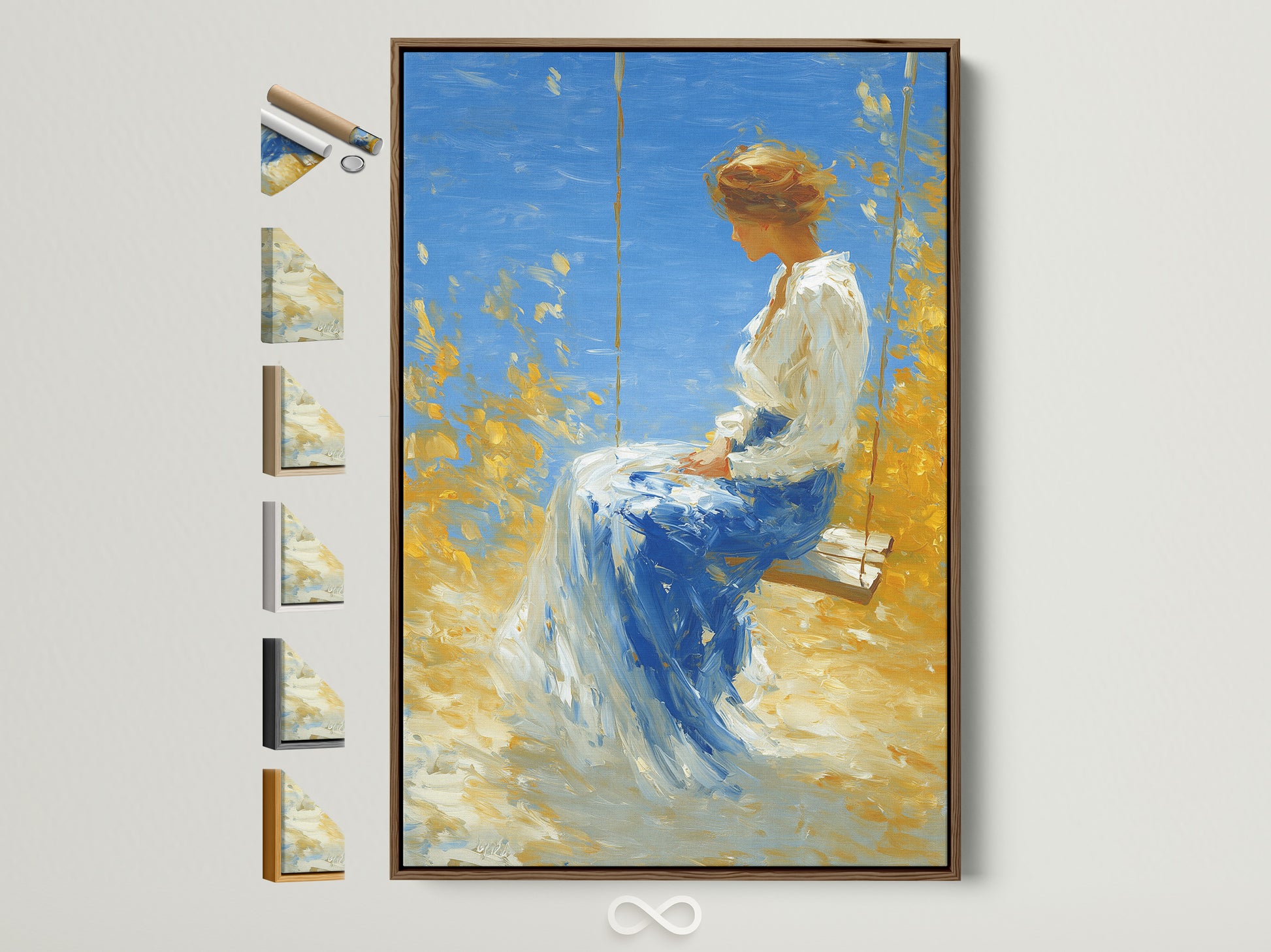Artwork with a brown frame is displayed alongside frame options. Explore various frame styles to complement your chosen art. Find the perfect frame to enhance your artwork. See how different frames can change the art.