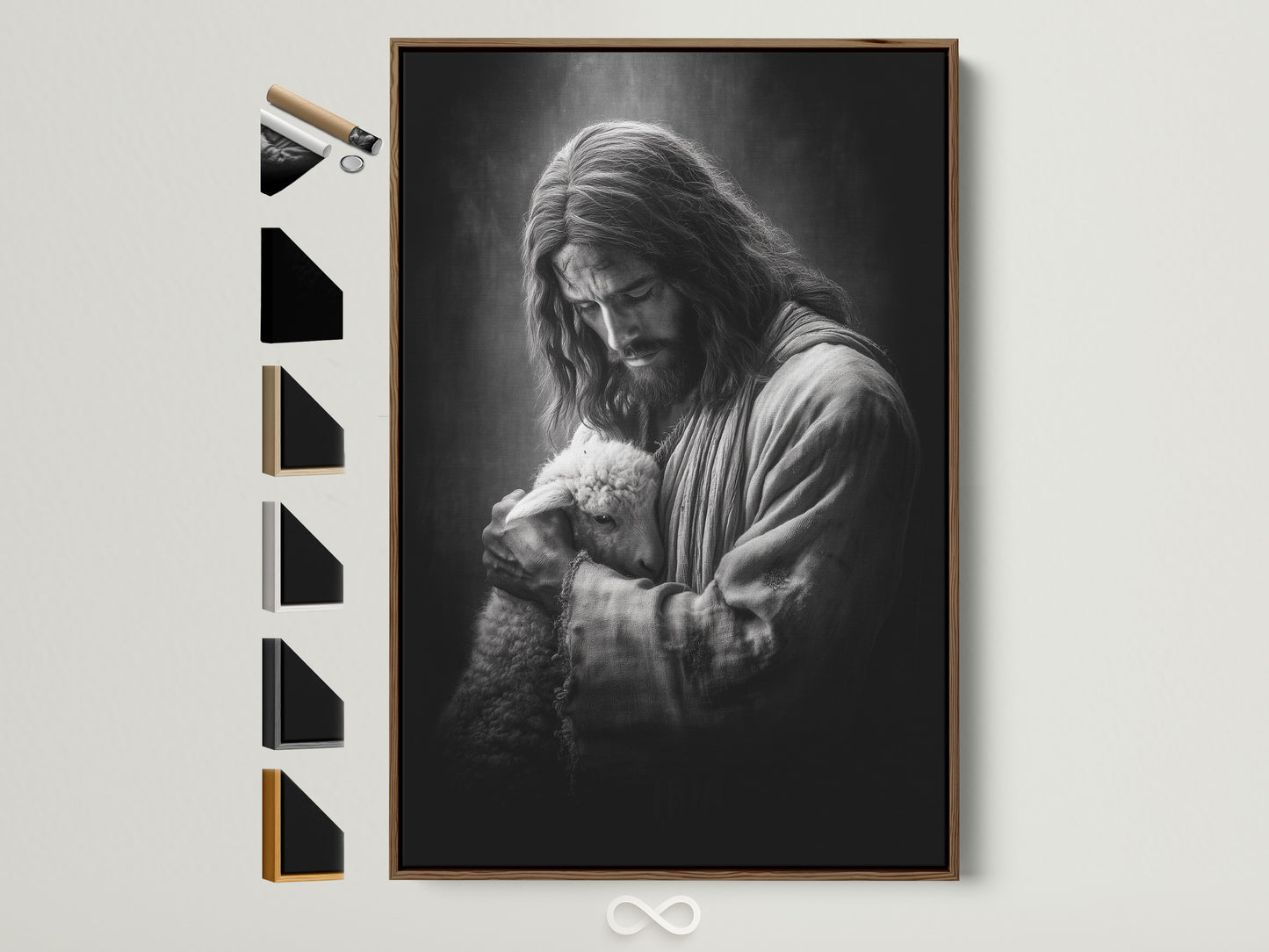 Artwork of Jesus holding a lamb is displayed in a brown frame. This frame is one of the available frame options. A variety of frame styles are available to match your home decor. Find the perfect frame to showcase your art piece.