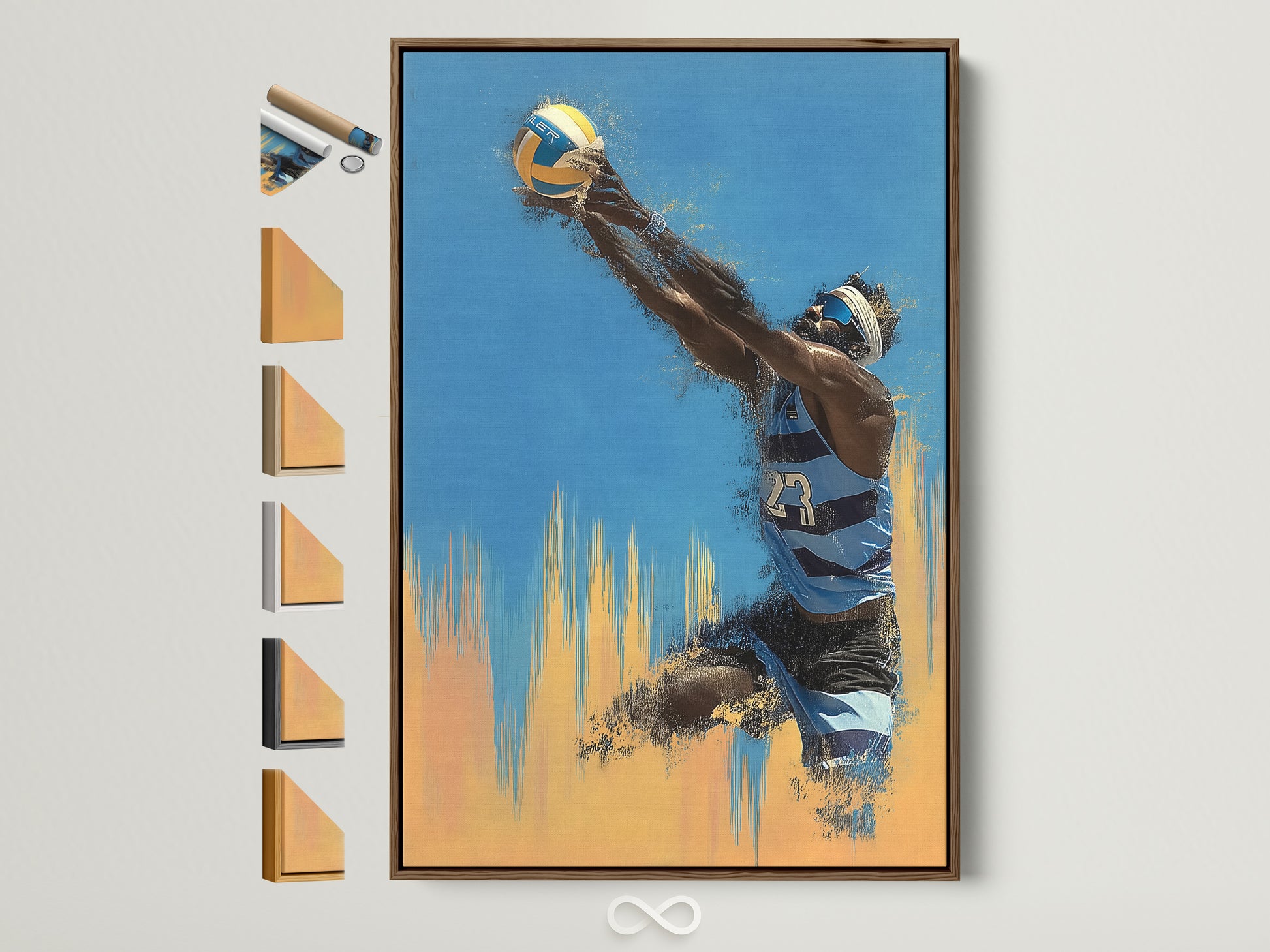 Volleyball Player Sports Wall Art. A brown frame showcases the artwork. Various frame choices are displayed beside it. Find the perfect frame to complement your sports artwork. Decorate your gym or sports themed room today.