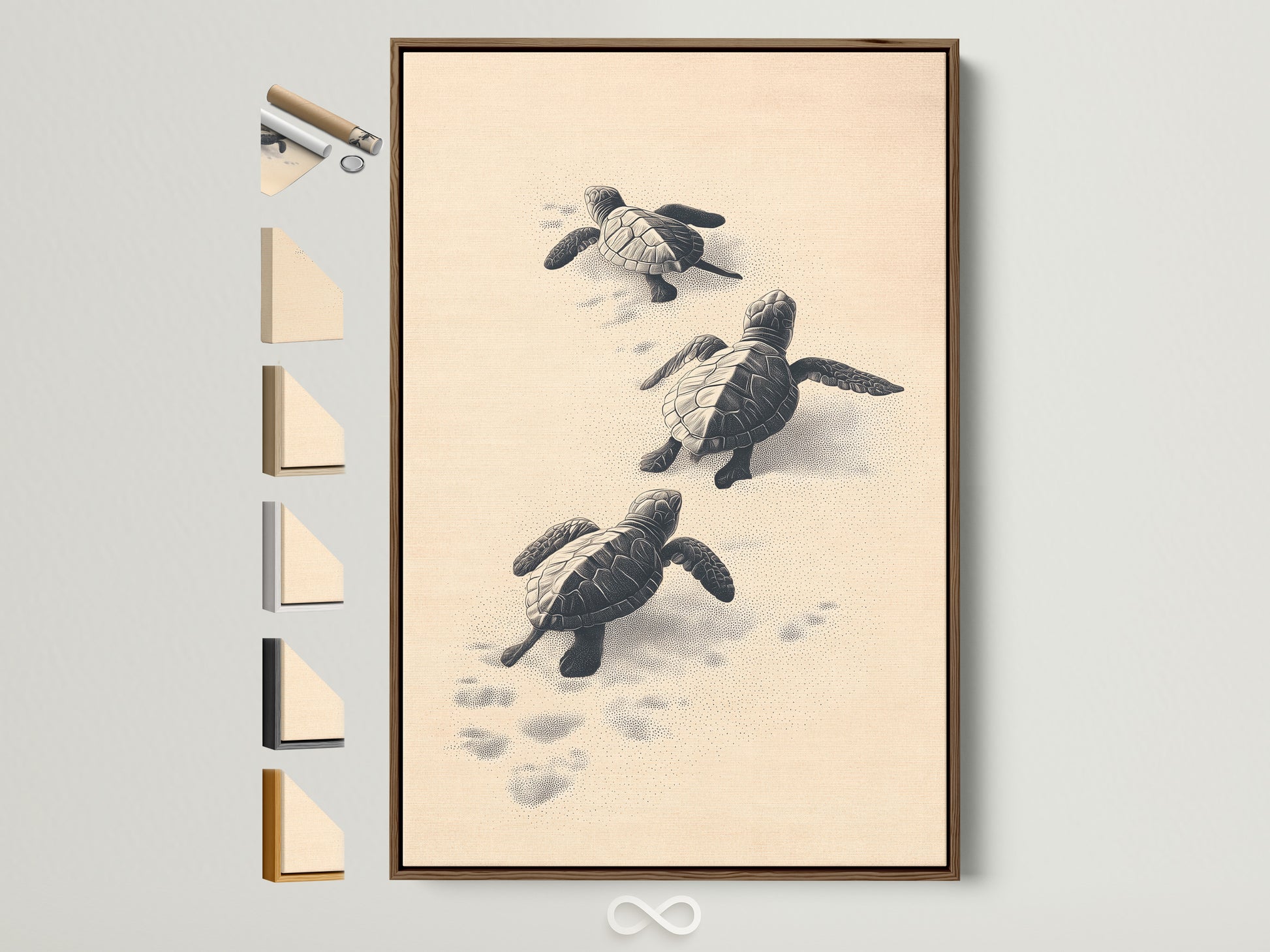 Sea Turtle Canvas Print in a brown frame. All available frame options are displayed. Perfect coastal wall art for nurseries. Ideal for beach house decor. Calming beige and grey tones.