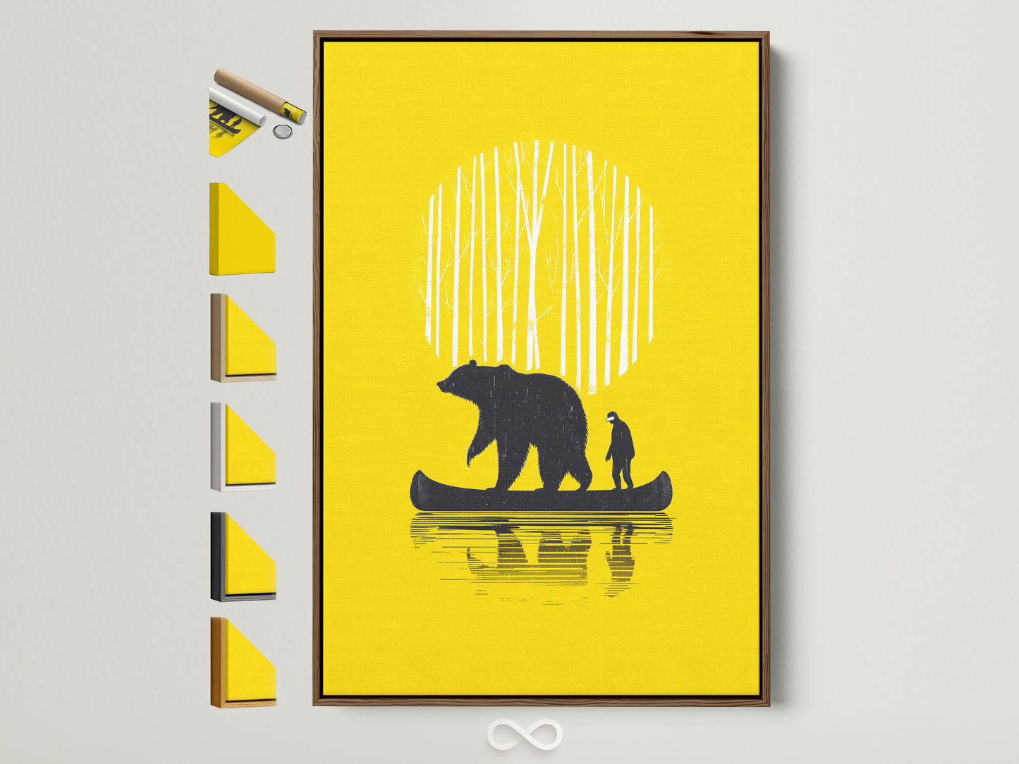 Bear Canoe artwork framed in a brown frame. The print is yellow and features a bear and man in a canoe. Explore frame options to match your cabin decor. Find the perfect frame for your forest adventure artwork.