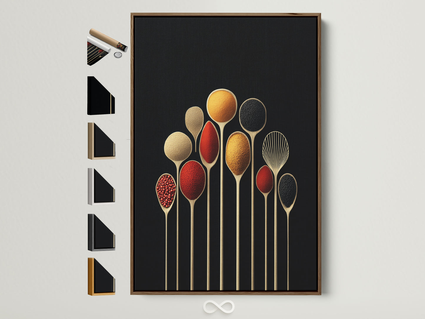 Spice Spoons artwork with a brown frame. This modern kitchen wall art features culinary art print for dining decor. It is a perfect foodie gift with frame options displayed on the side.